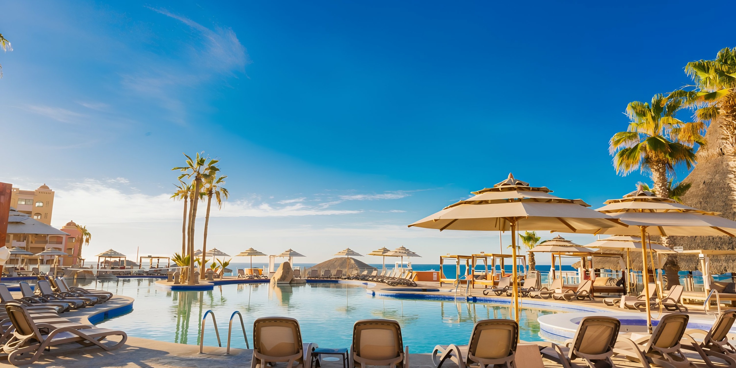 A tranquil Sandos Finisterra Los Cabos poolside with loungers and umbrellas under a clear blue sky.