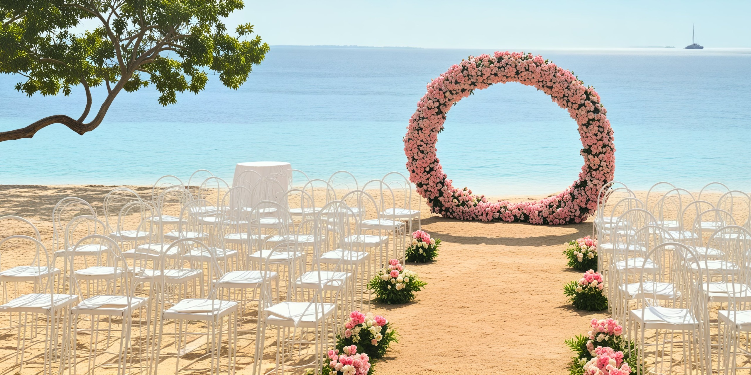 Azul Beach Resort Negril provides an exquisite oceanfront setting for your destination wedding, featuring elegant white chairs and a beautiful floral arch.