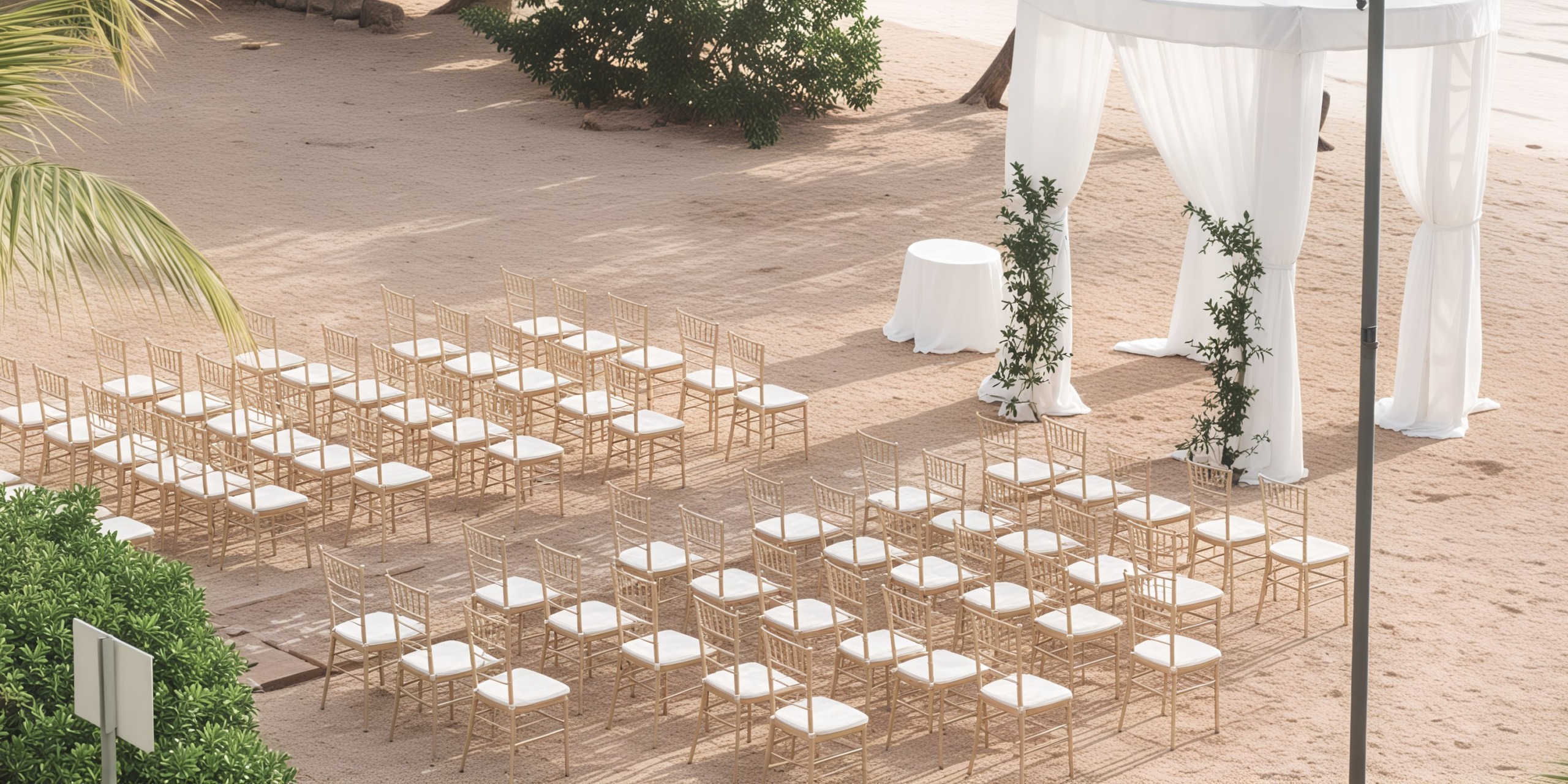 Rows of chairs are elegantly arranged to face a pristine white canopy, creating the perfect setting for a destination wedding on the sandy shores of Azul Beach Resort Negril.