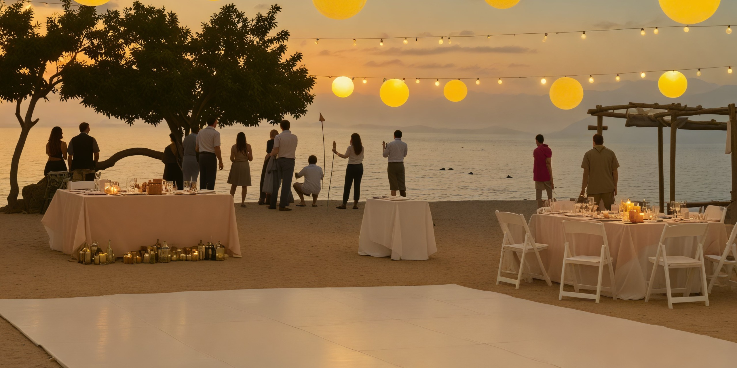 Experience a breathtaking destination wedding at Azul Beach Resort Negril, complete with elegantly arranged tables and chairs under the romantic glow of string lights at sunset.