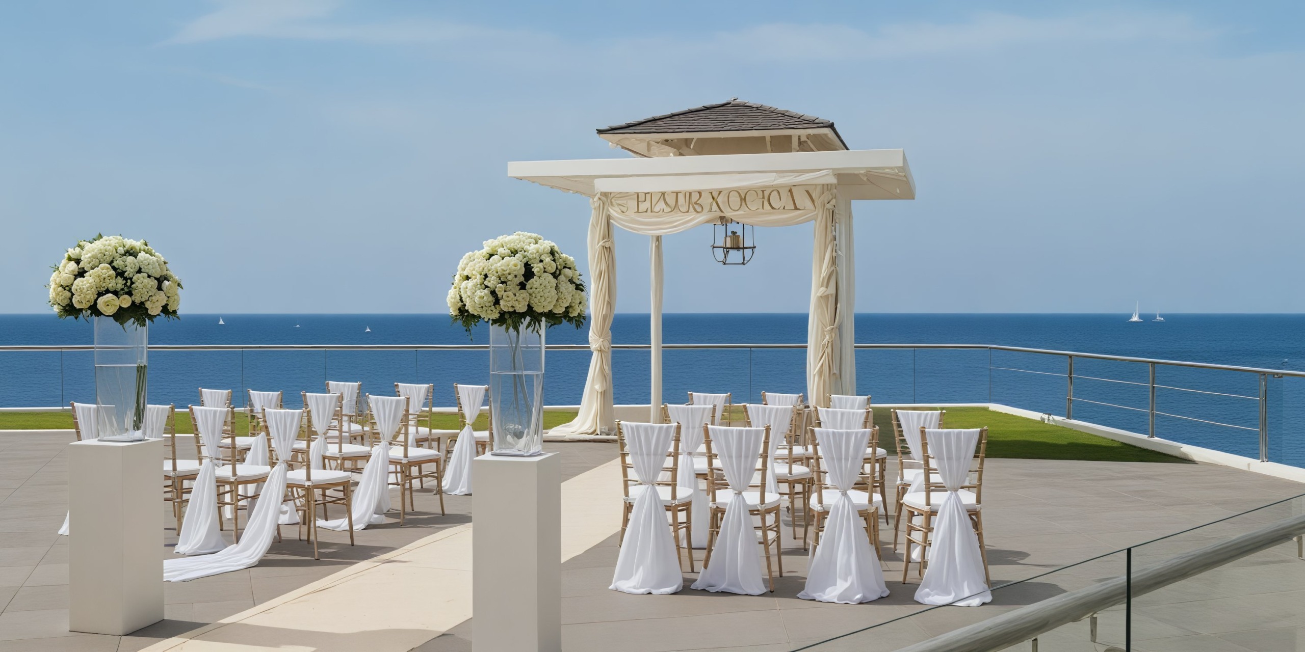 Azul Beach Resort Negril offers a stunning destination wedding spot with its oceanfront gazebo, elegantly arranged chairs, and beautiful floral wedding setup.