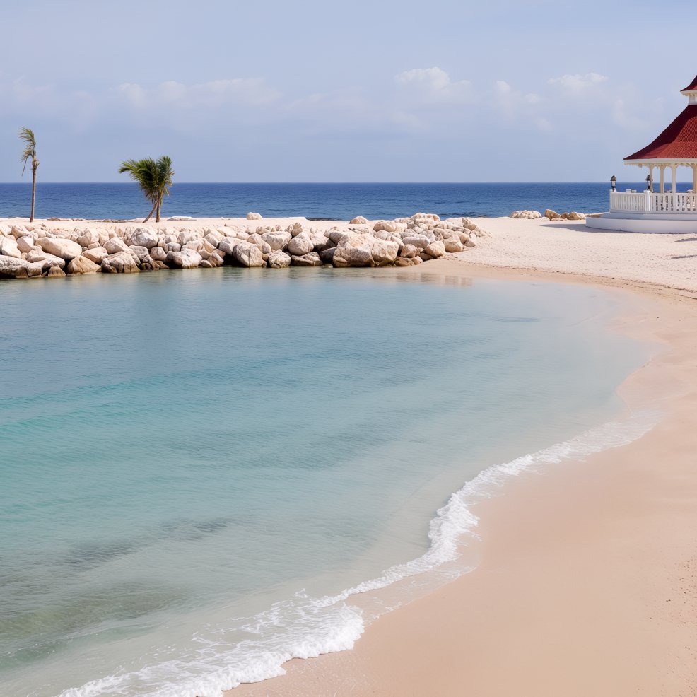 A serene sandy beach with crystal-clear water, scattered rocks, and graceful palm trees sets the perfect scene for a destination wedding. The red-roofed pavilion adds an idyllic touch to this romantic setting.