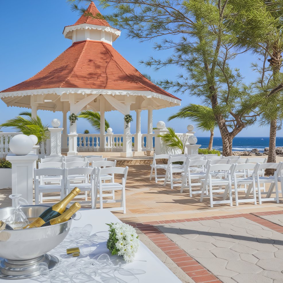 A destination wedding setup features elegant white chairs, a charming gazebo, and glasses of chilled champagne, all beautifully arranged under the radiant sun.