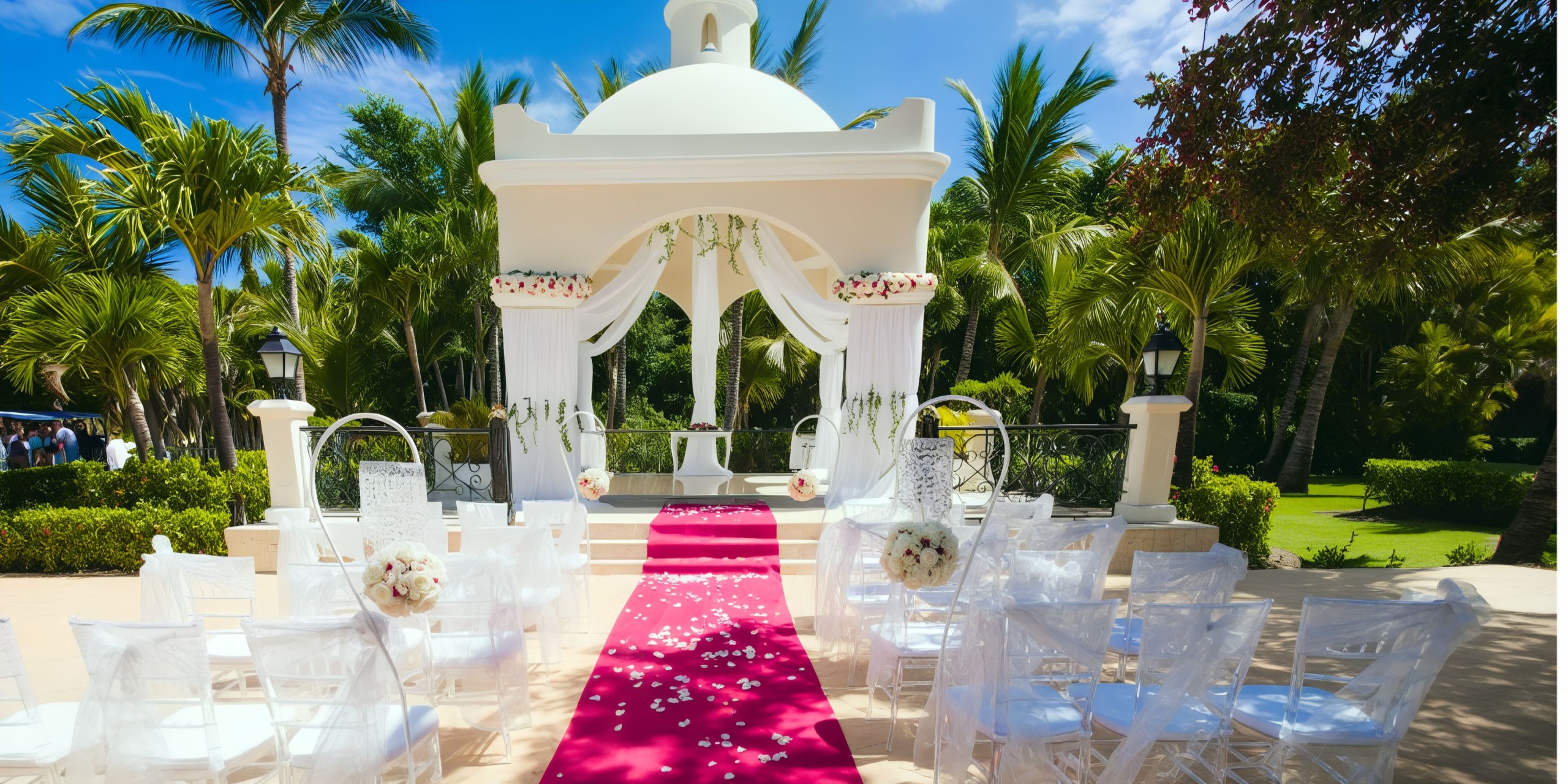 Outdoor wedding setup with a dome-shaped altar, white chairs, and a pink aisle runner adorned with rose petals, surrounded by palm trees.