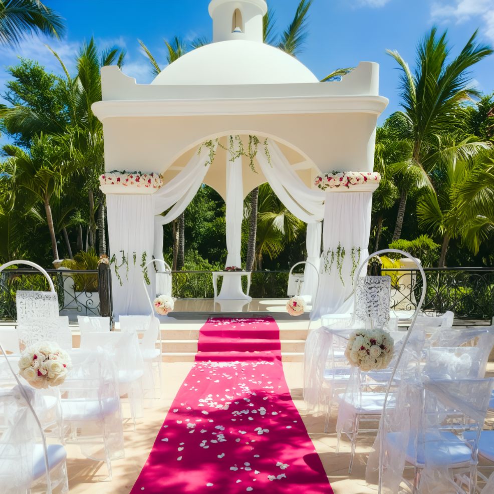 Outdoor wedding altar with white drapes and floral arrangements, under a domed structure. A pink aisle runner with scattered petals leads to the altar, surrounded by clear chairs.