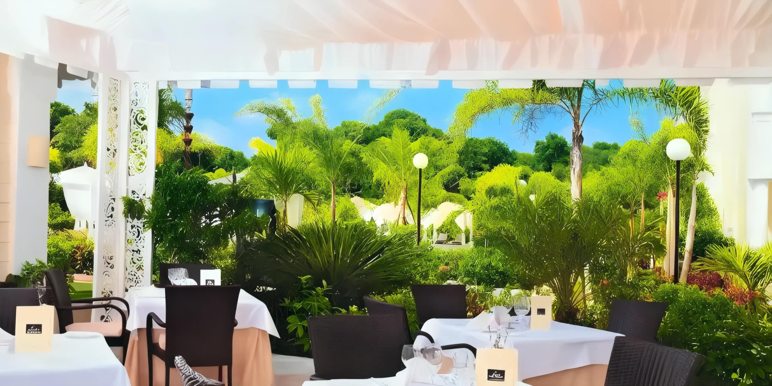 Outdoor restaurant seating area with white tablecloths and menus, surrounded by lush green palm trees and a bright, clear sky.
