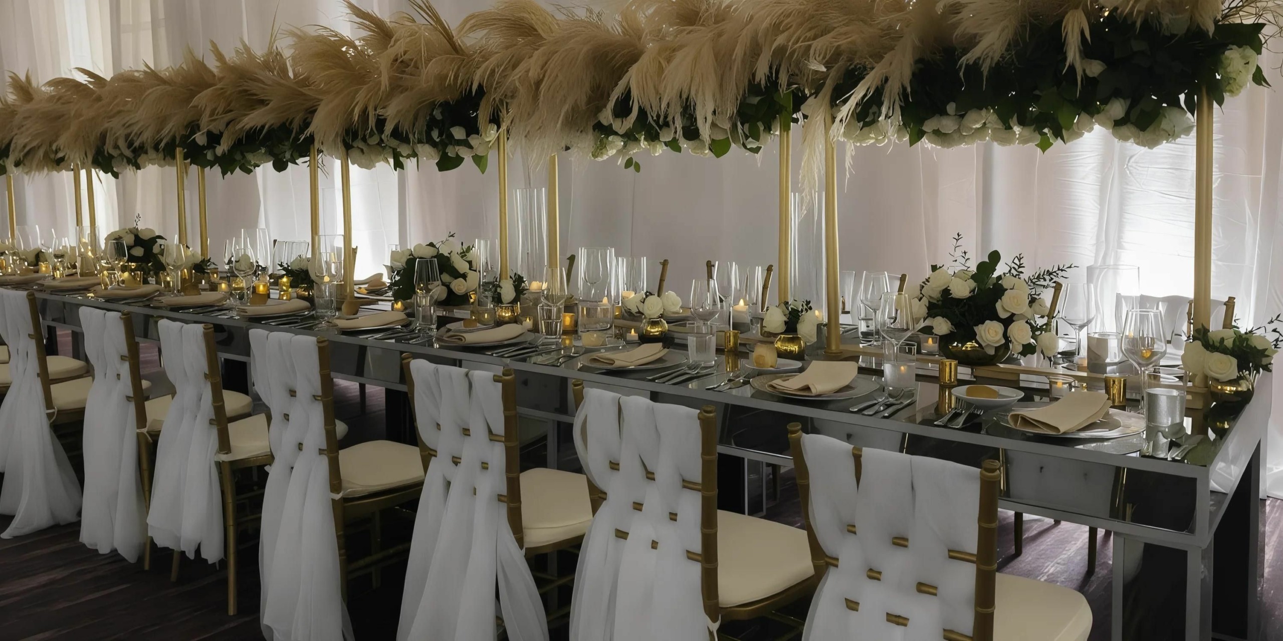 A long dining table at the Breathless Riviera Cancún Resort and Spa is elegantly set for an event, featuring white chairs, floral centerpieces, tall grass arrangements, and various tableware items including plates, glasses, and candles.