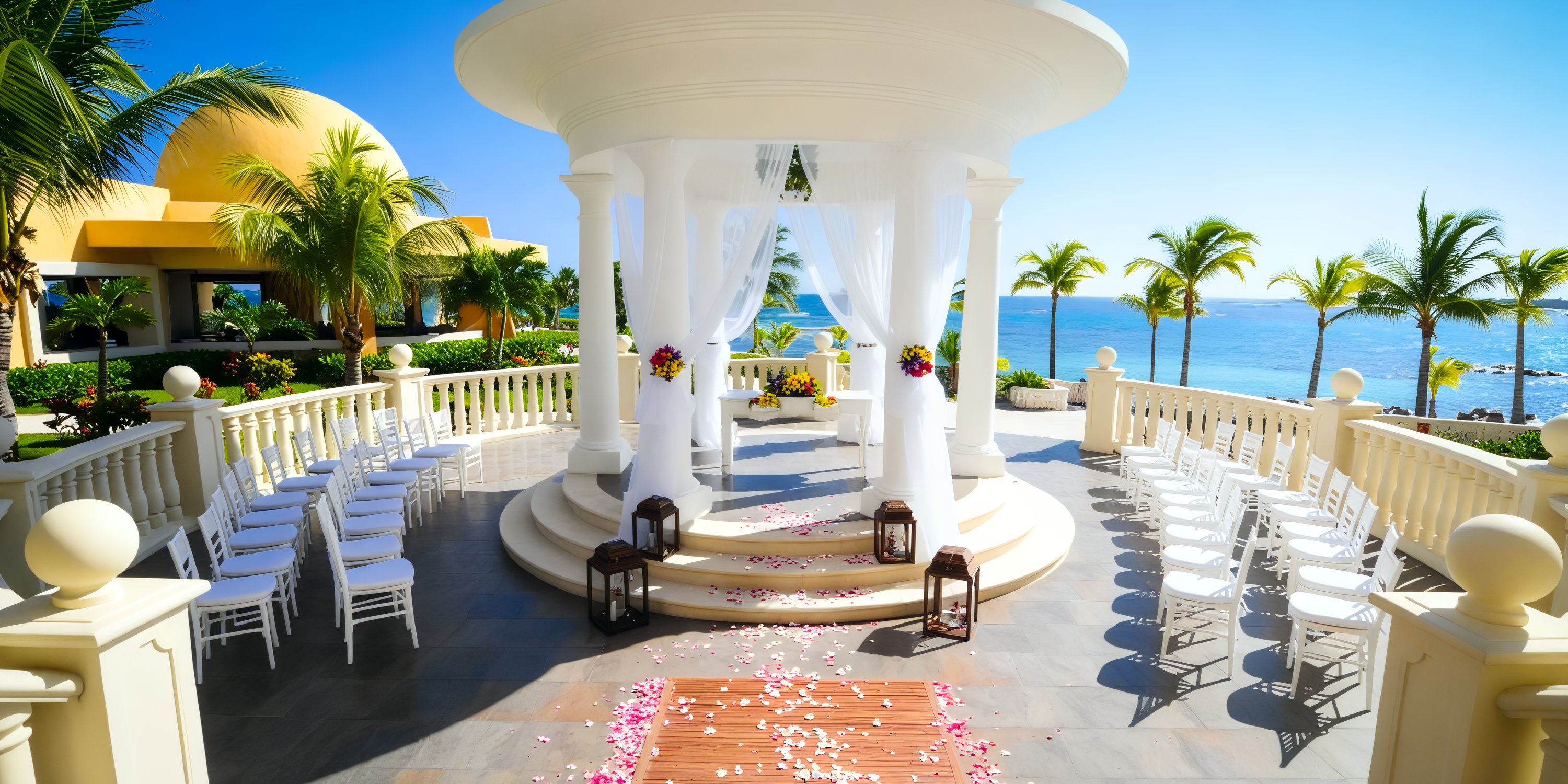 Barcelo Maya Tropical offers a stunning destination wedding setting, featuring a wedding gazebo adorned with chairs and flowers, all overlooking the shimmering sea under a clear blue sky.