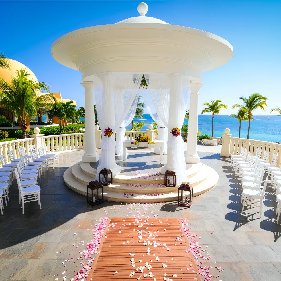 An elegant beachfront gazebo, beautifully adorned with floral decorations and white chairs, set up for a picturesque destination wedding ceremony.