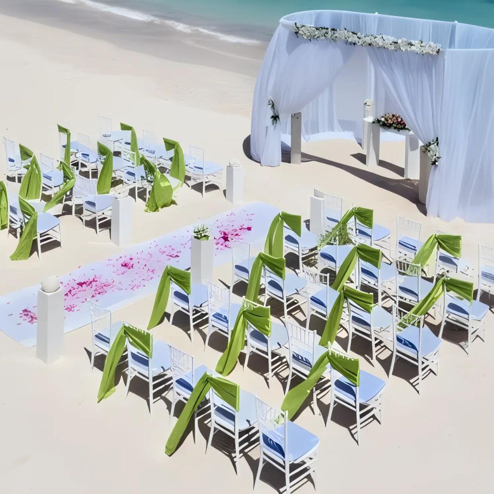 Celebrate a beach wedding at Barcelo Maya Tropical, featuring white chairs with green sashes, a petal-strewn aisle, and a draped arch adorned with flowers, all set against the backdrop of the ocean.