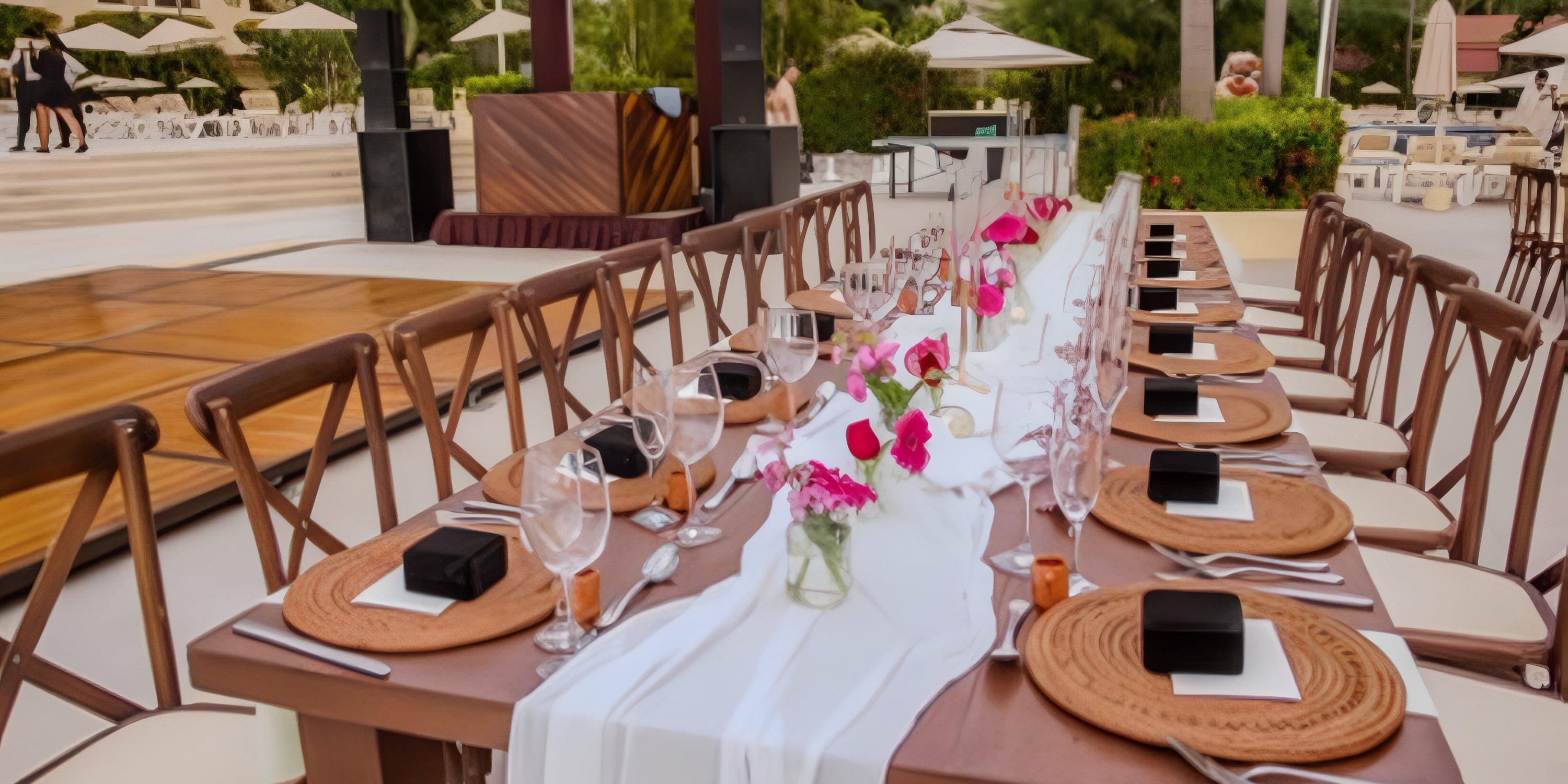 Elegant wedding banquet table at Barcelo Puerto Vallarta with plates, glasses, flowers, and gifts.