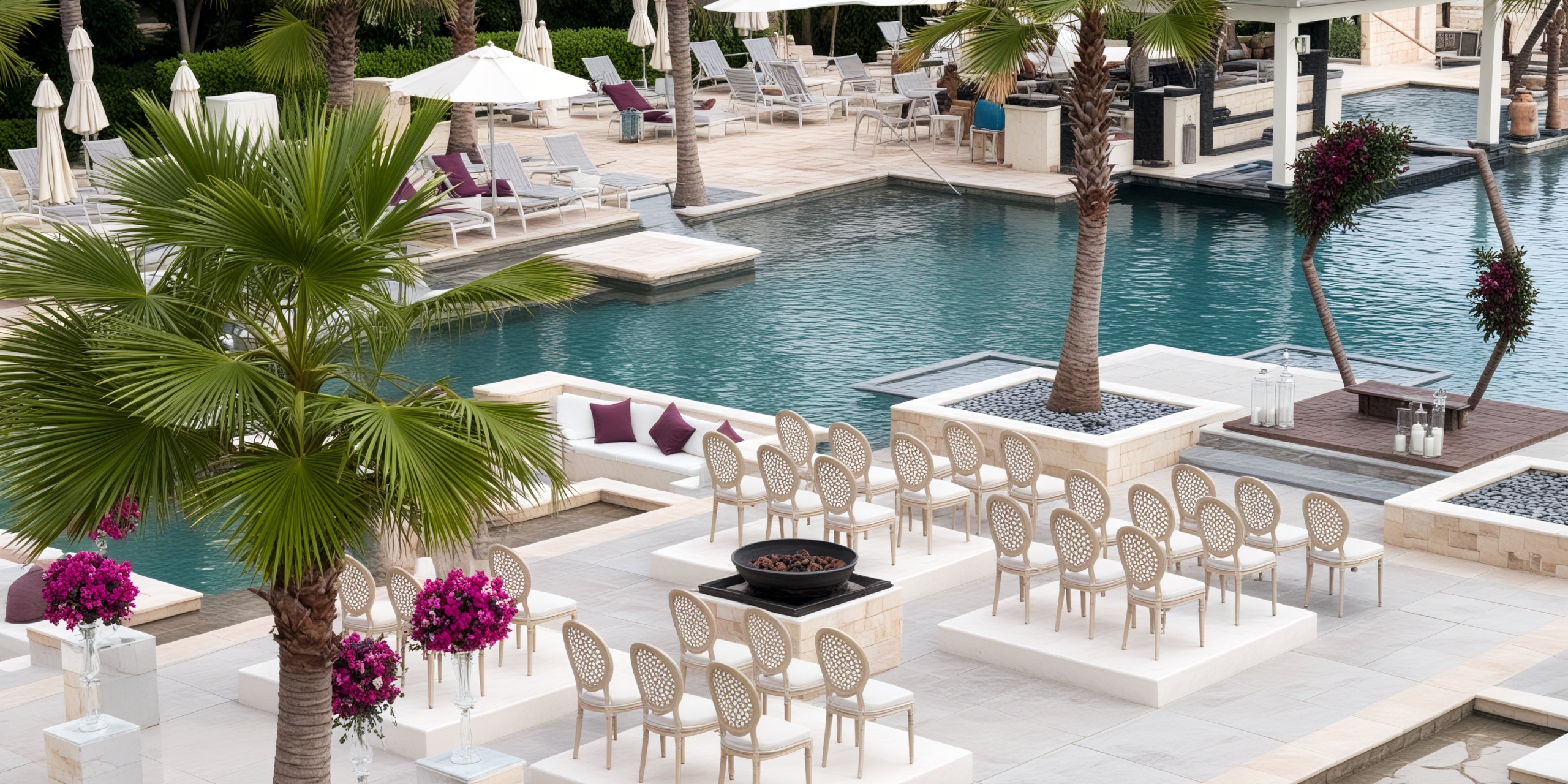 Experience a chic destination wedding poolside at Breathless Riviera Cancún, surrounded by elegant chairs, towering palm trees, and vibrant purple blooms.