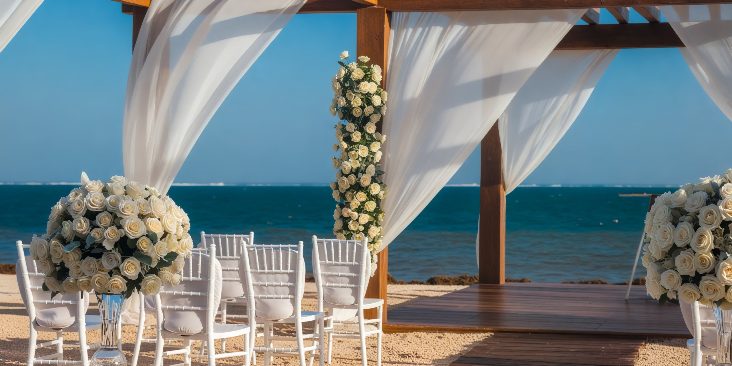 A destination wedding setup at Breathless Riviera Cancún features white chairs, floral arrangements, and sheer curtains by the beach.