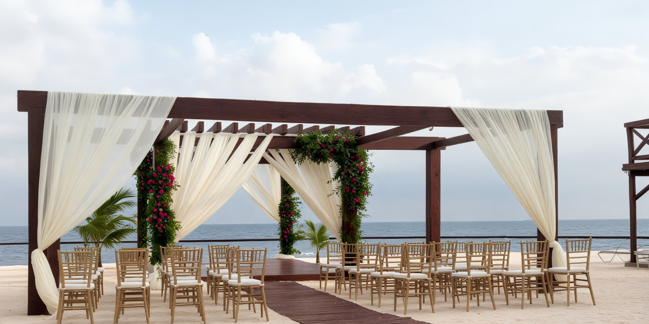 A beautiful destination wedding setup at Breathless Riviera Cancún Resort featuring an elegant arbor adorned with drapes and flowers, surrounded by seating for guests on the beach.