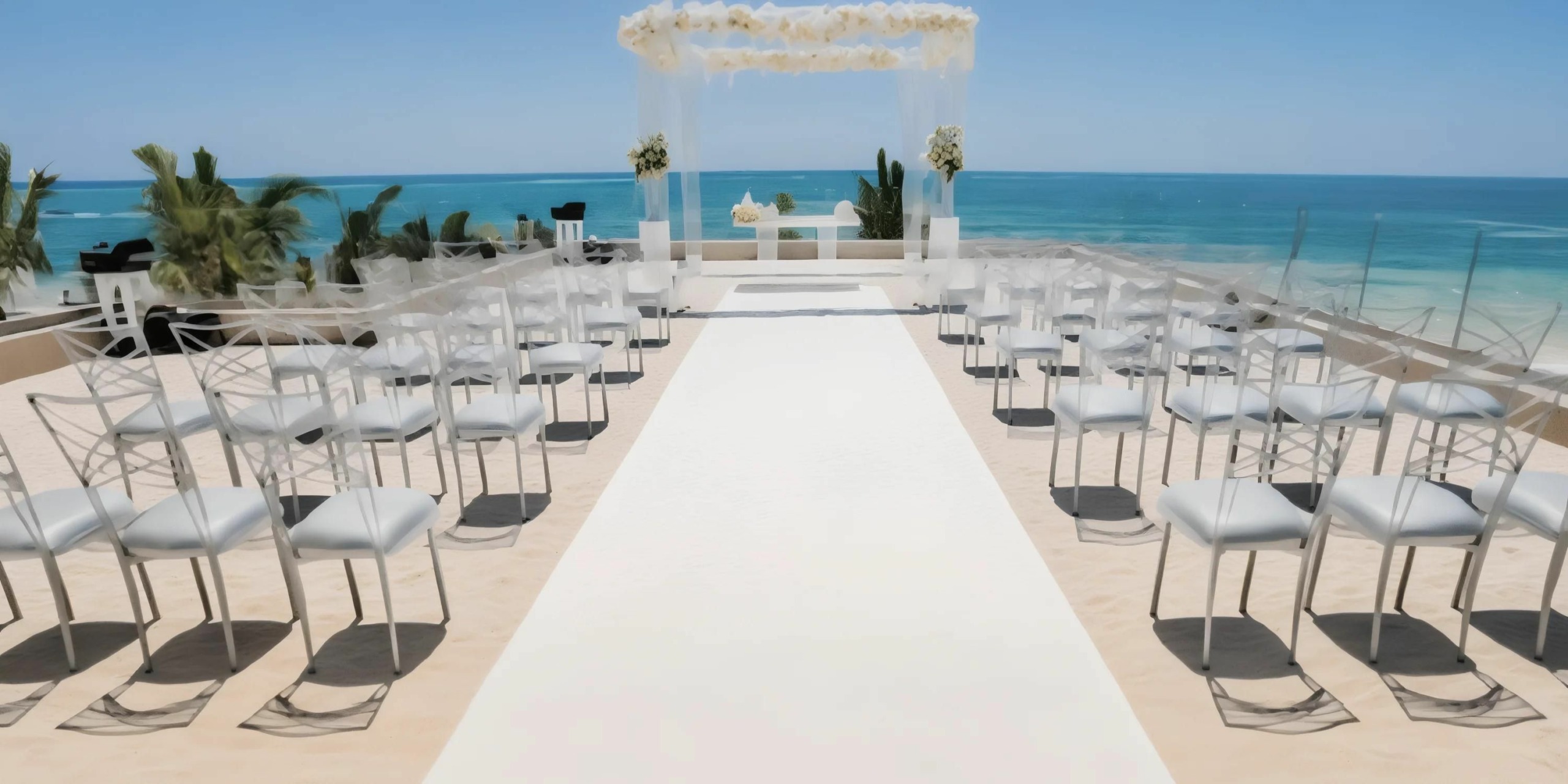An outdoor wedding setup at Secrets Riviera Cancun, featuring rows of white chairs lining an aisle that leads to an altar adorned with white flowers, with the sparkling ocean providing a stunning backdrop.