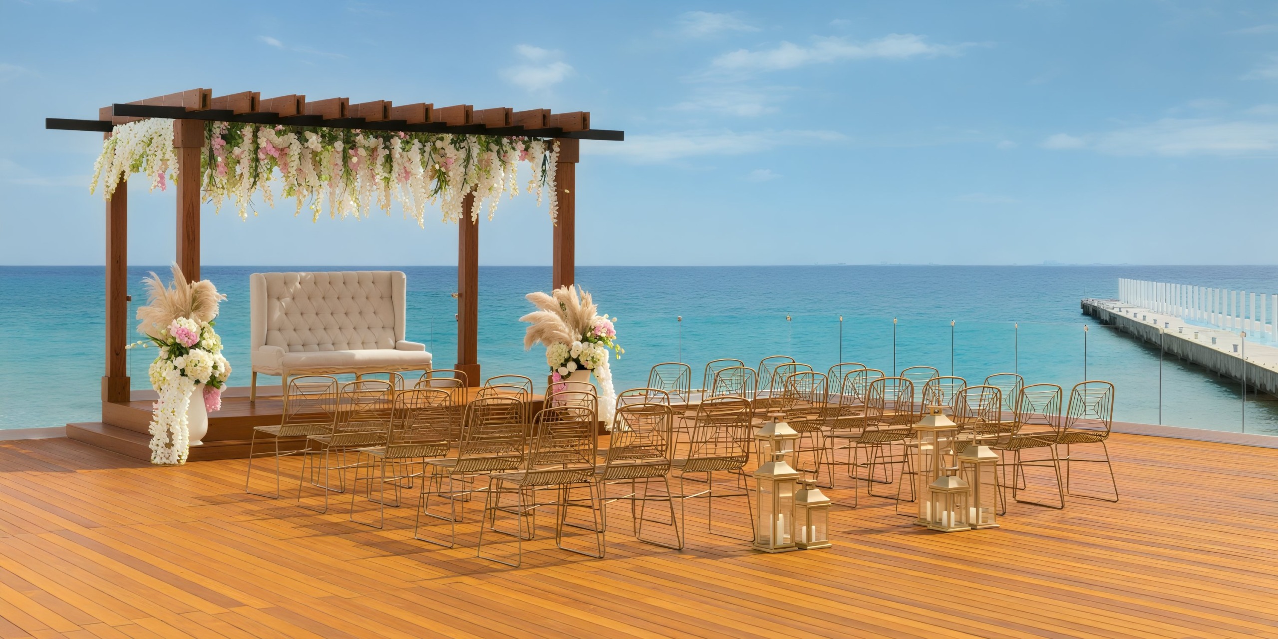 Hilton Playa del Carmen: Destination wedding arrangement featuring a pergola, seating, floral decorations, and a stunning sea view.