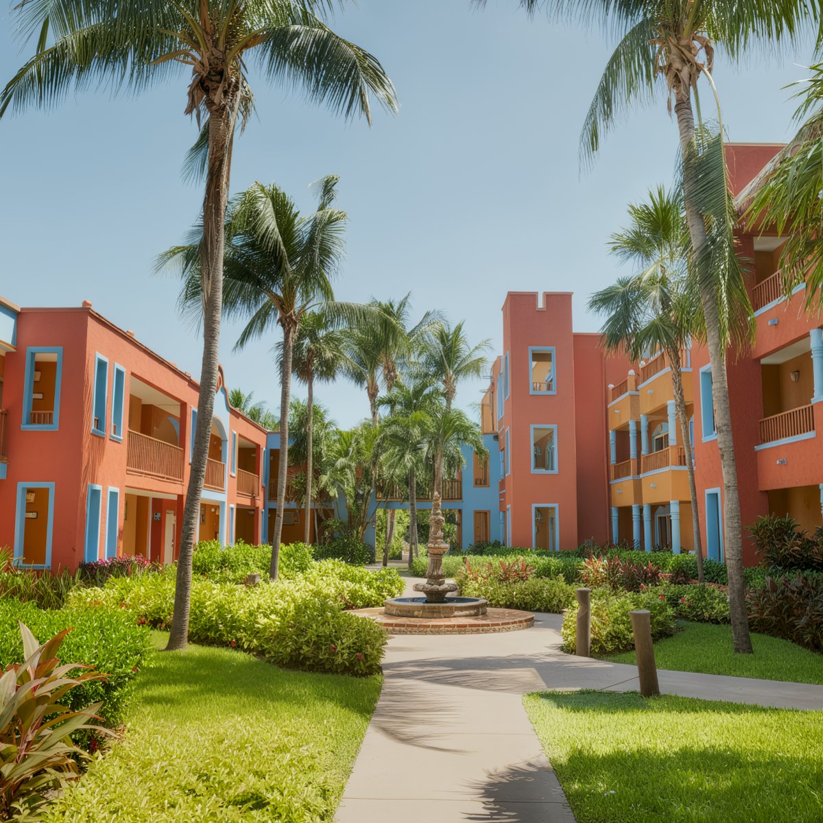 Experience the vibrant atmosphere of Catalonia Playa Maroma, featuring a sunny courtyard surrounded by red-orange buildings, palm trees, and lush green lawns. At its heart lies a central stone fountain encircled by inviting walkways, all under a clear blue sky.