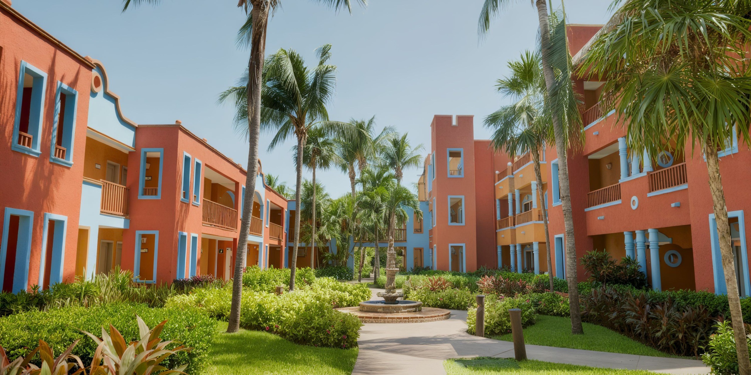 A courtyard at Catalonia Playa Maroma with colorful buildings, palm trees, and a central fountain under a clear blue sky.