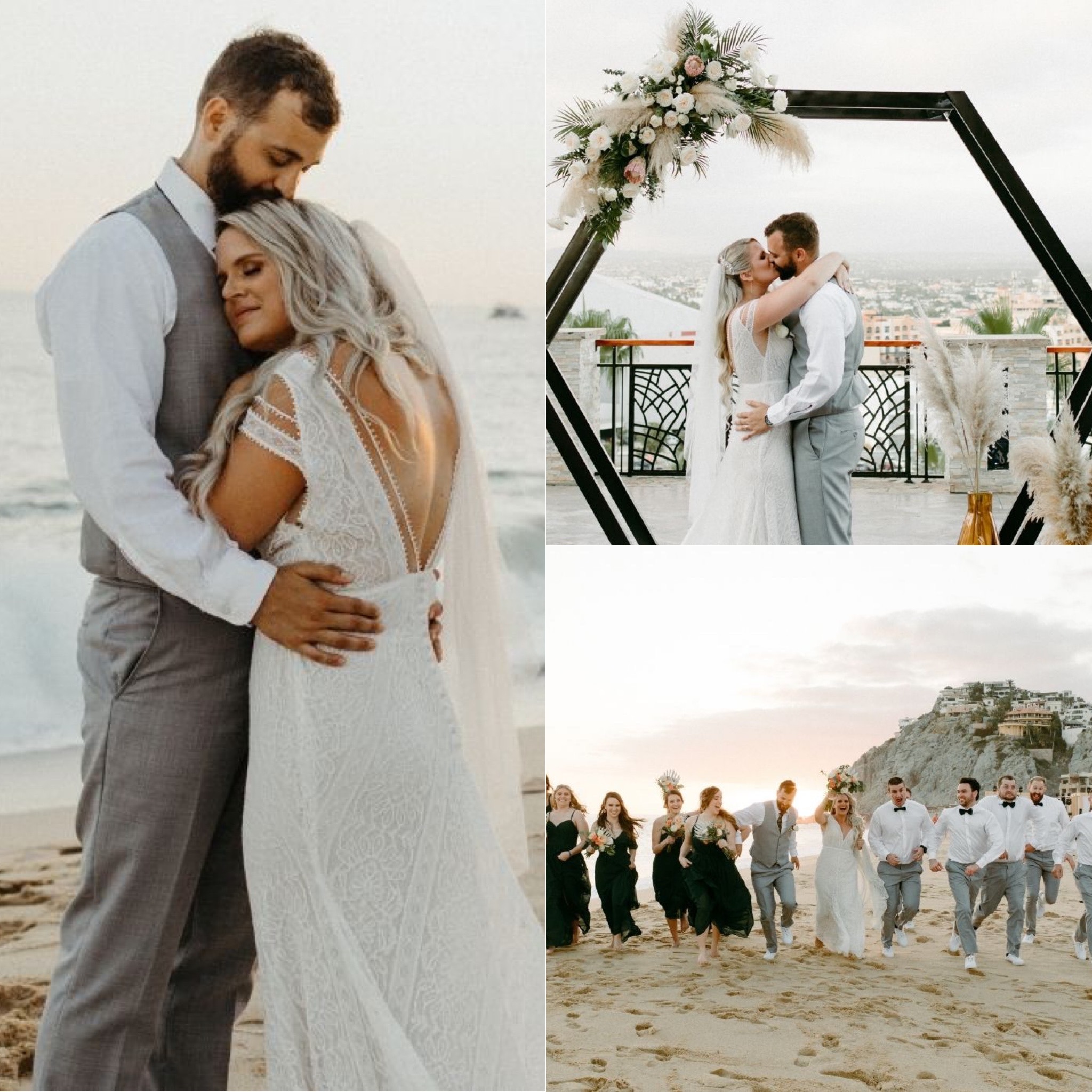 Collage of a wedding: close-up of Seth and Jordyn embracing, ceremony kiss under floral arch, and group running on beach.