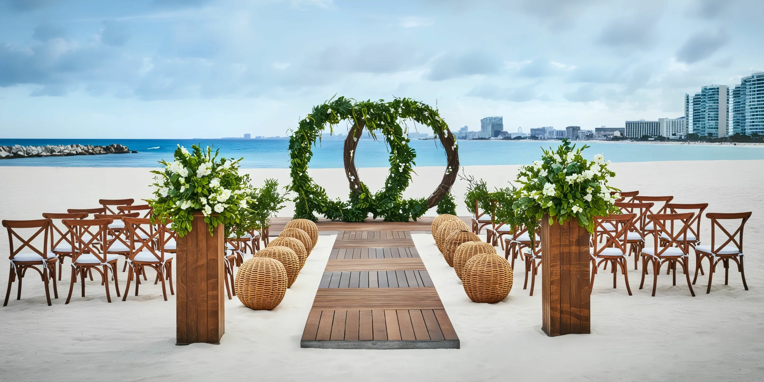Beach wedding setup with wooden chairs, wicker stools, and a floral arch on a sandy shore overlooking the ocean.
