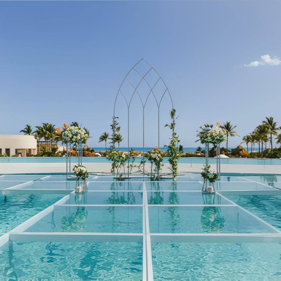 Outdoor pool adorned with floral decorations, offering stunning ocean views—perfect for a destination wedding.