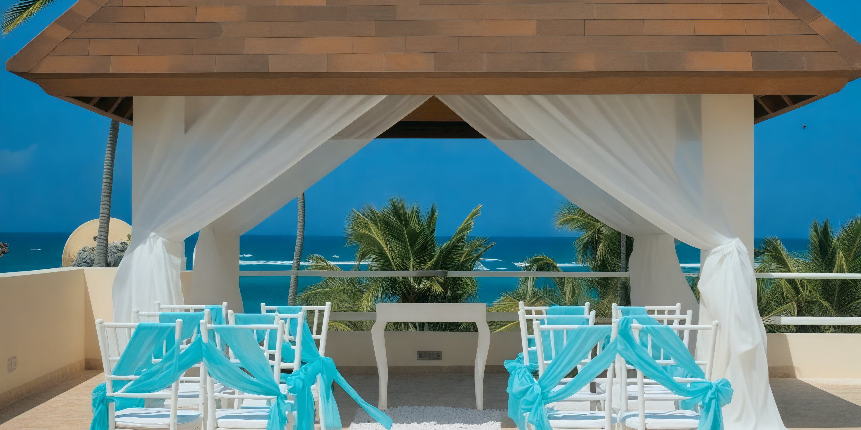 The gazebo at Dreams Royal Beach Punta Cana offers an ideal setting for a destination wedding, featuring white chairs adorned with turquoise sashes and breathtaking ocean views.
