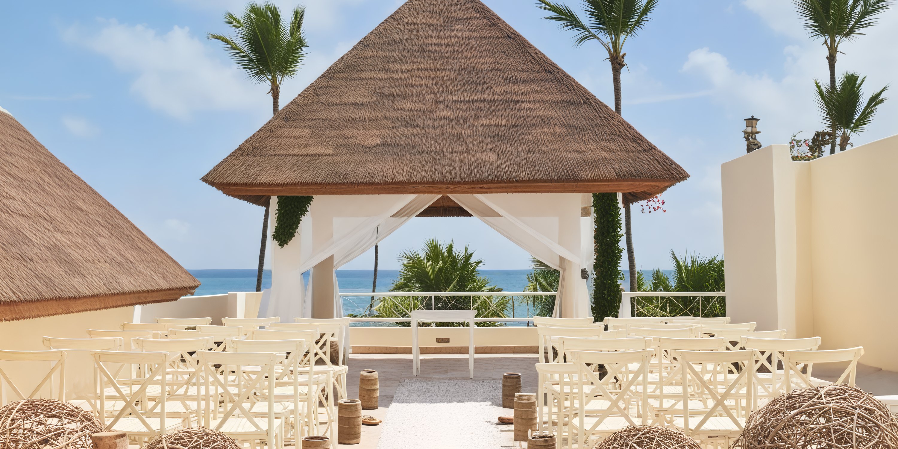 A destination wedding at Dreams Royal Beach Punta Cana features white chairs arranged under a charming thatched gazebo.
