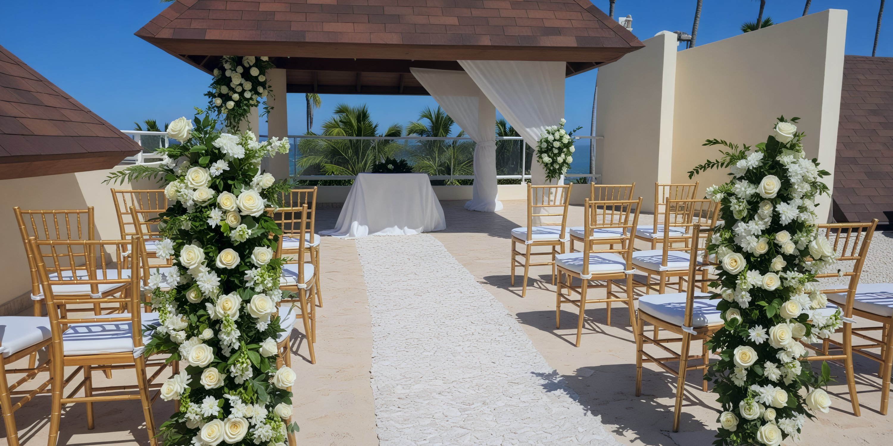 Dreams Royal Beach Punta Cana boasts a breathtaking destination wedding setup, complete with elegant chairs and beautiful florals.