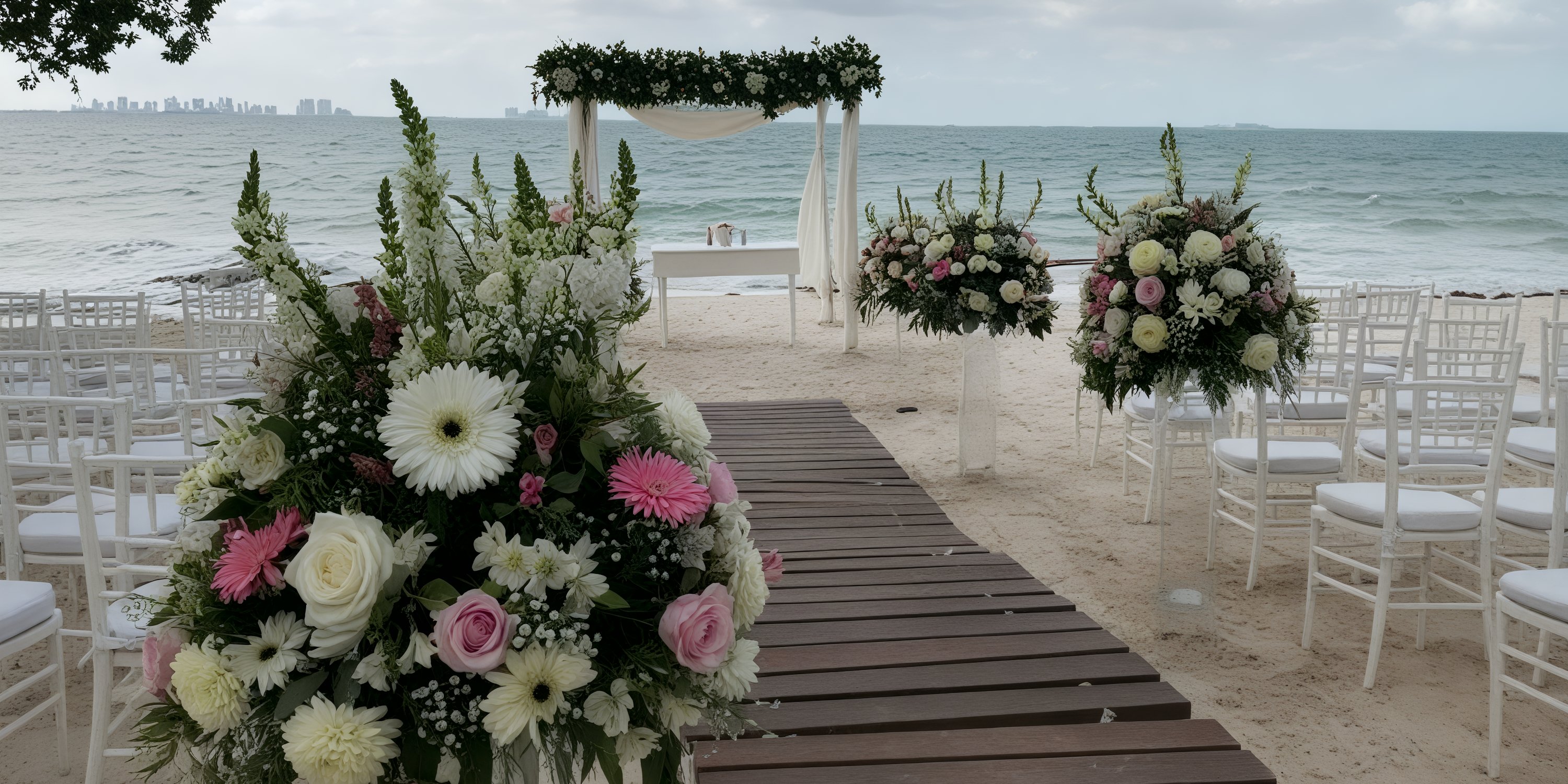 Dreams Sands Cancun: A picturesque beach setup featuring white chairs and floral arrangements, all perfectly positioned to face a stunning sea altar for the ultimate destination wedding.