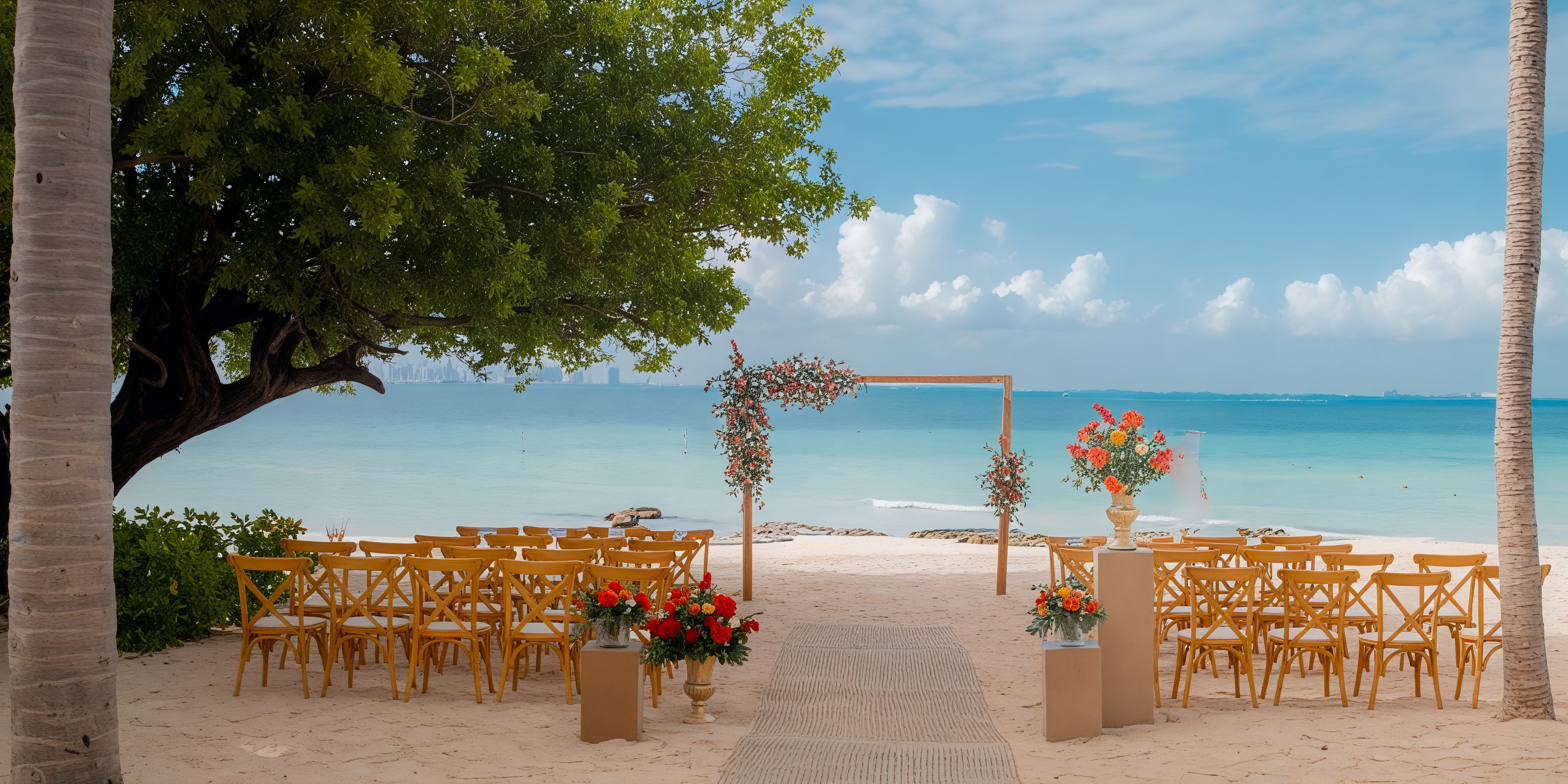 Dreams Sands Cancun offers a stunning ocean view wedding setup, complete with elegant chairs and a beautifully adorned floral arch, perfect for your destination wedding.