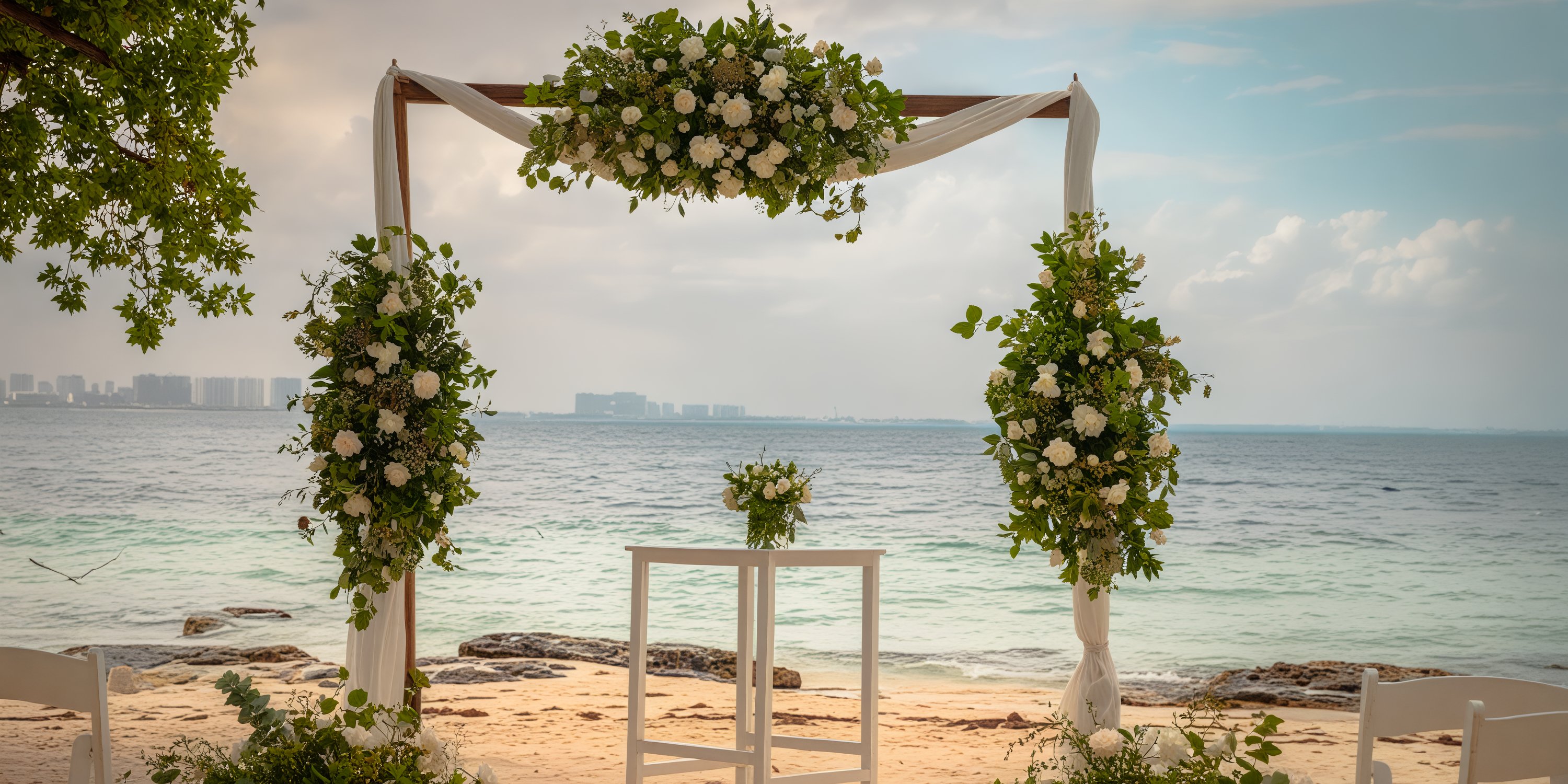 A picturesque wedding arch adorned with white flowers and lush greenery graces the idyllic ocean backdrop at Dreams Sands Cancun, setting the stage for a perfect destination wedding.