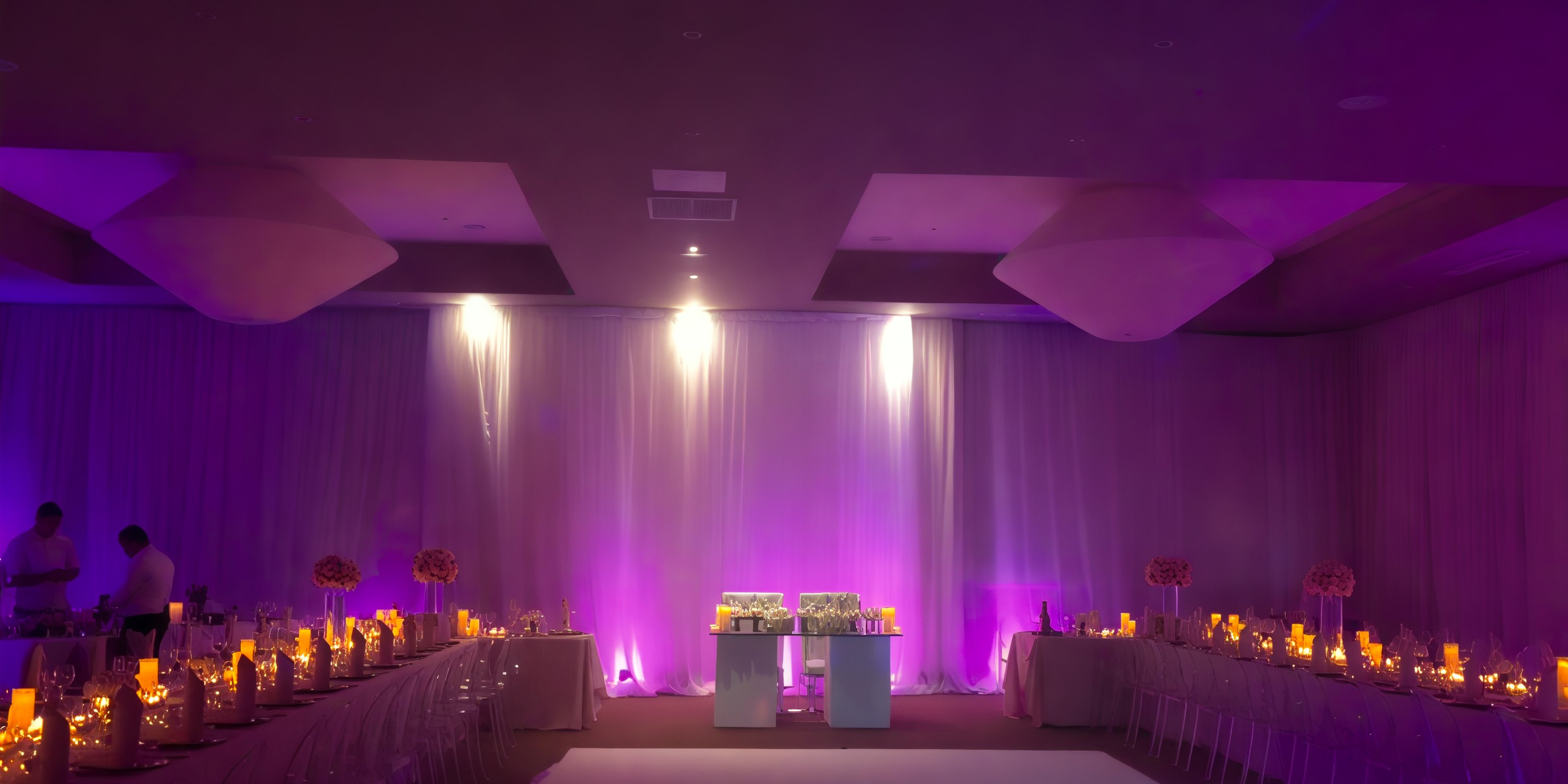 The Dreams Onyx venue was beautifully transformed for a destination wedding, featuring a room illuminated with purple lighting, and elegantly decorated tables and chairs meticulously arranged for the celebration.