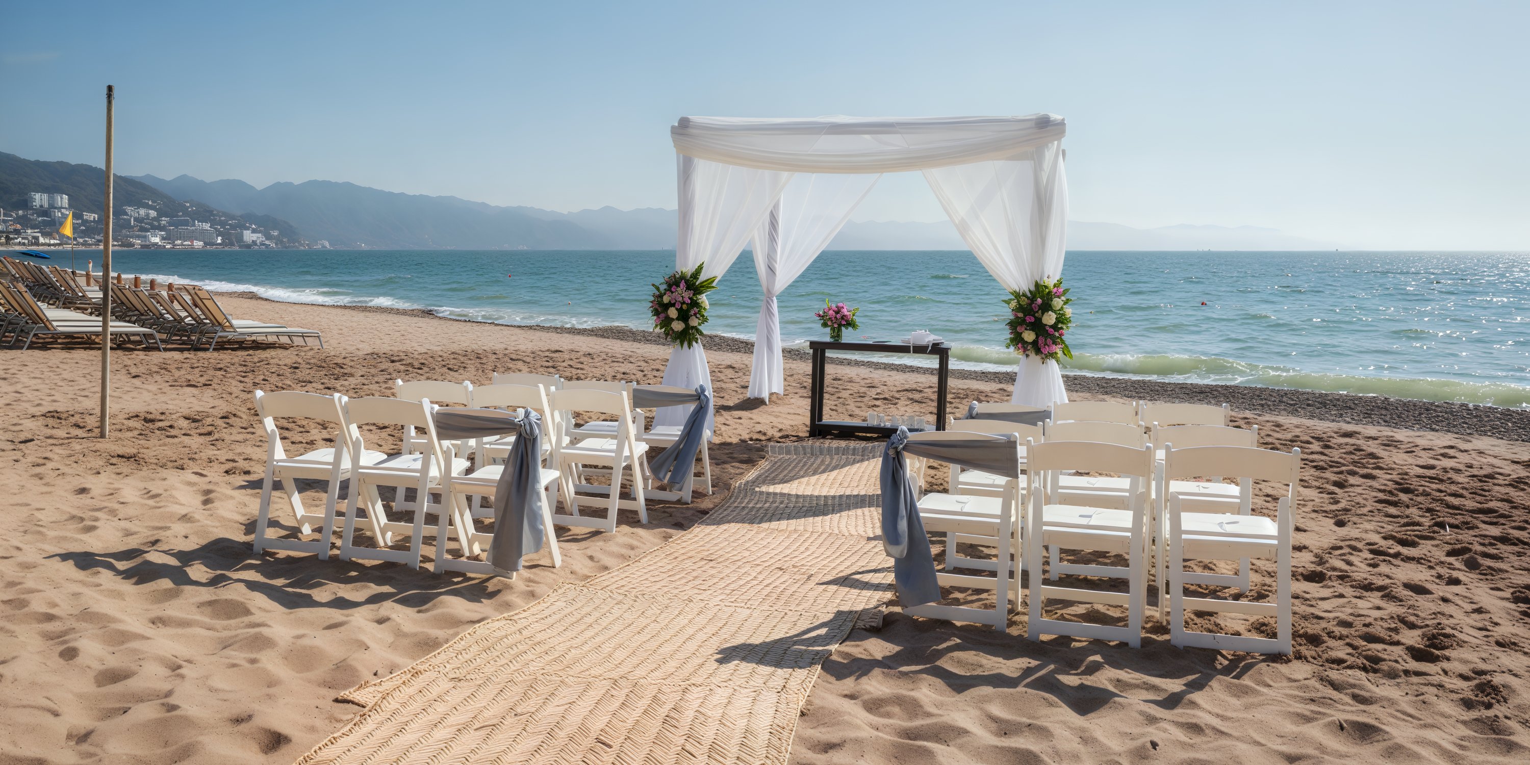 Dreams Vallarta Bay's destination wedding offers a picturesque setup with chairs and a canopy perfectly positioned to face the ocean.