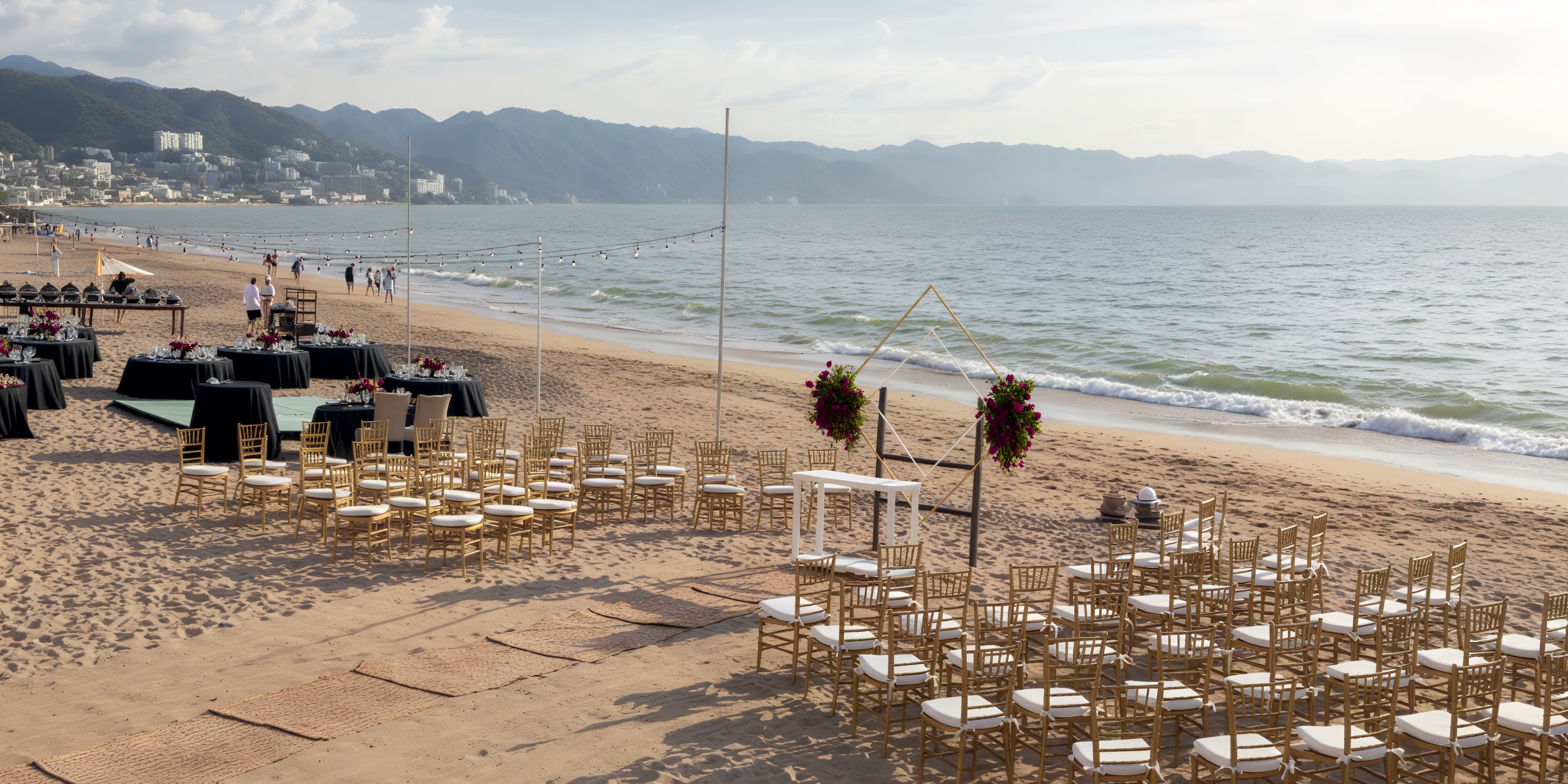 Dreams Vallarta Bay offers a stunning beach wedding setup, complete with elegantly arranged chairs and beautiful ocean-themed decorations, perfect for your destination wedding.