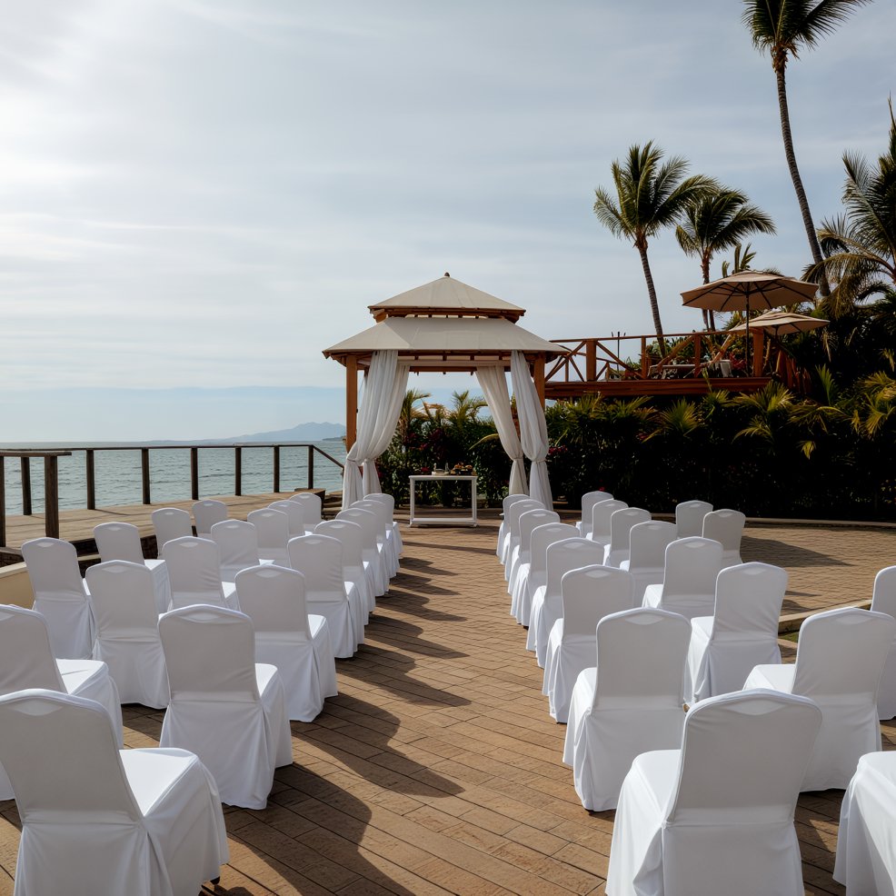 A destination wedding setup featuring white chairs arranged to face a charming pagoda by the sea.