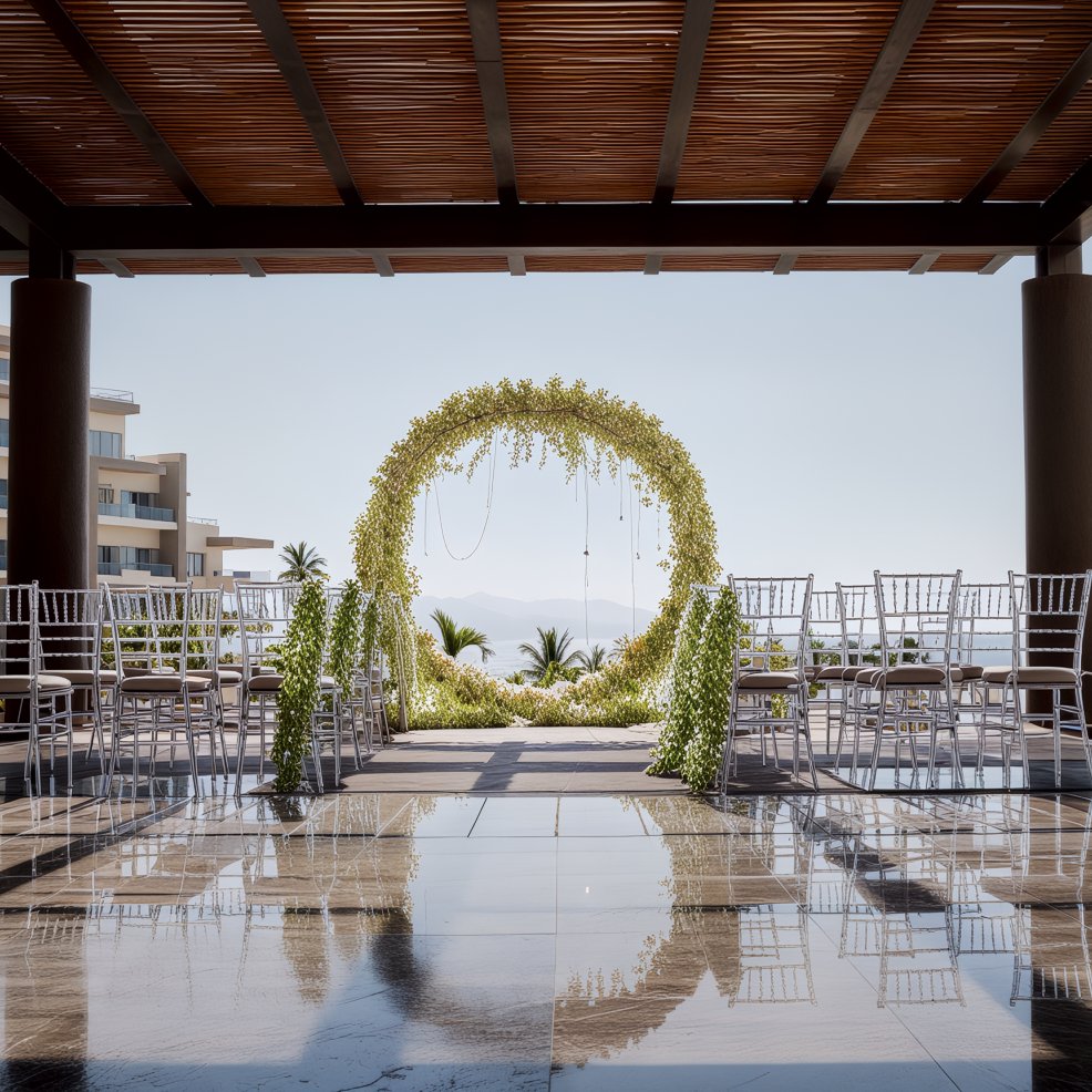 Destination wedding arrangement featuring a floral arch, seating for guests, and a breathtaking ocean view.