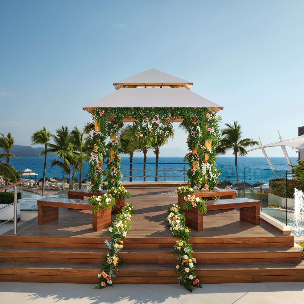 A beautifully decorated gazebo adorned with floral arrangements stands by the ocean under a clear sky, creating a perfect setting for a destination wedding.