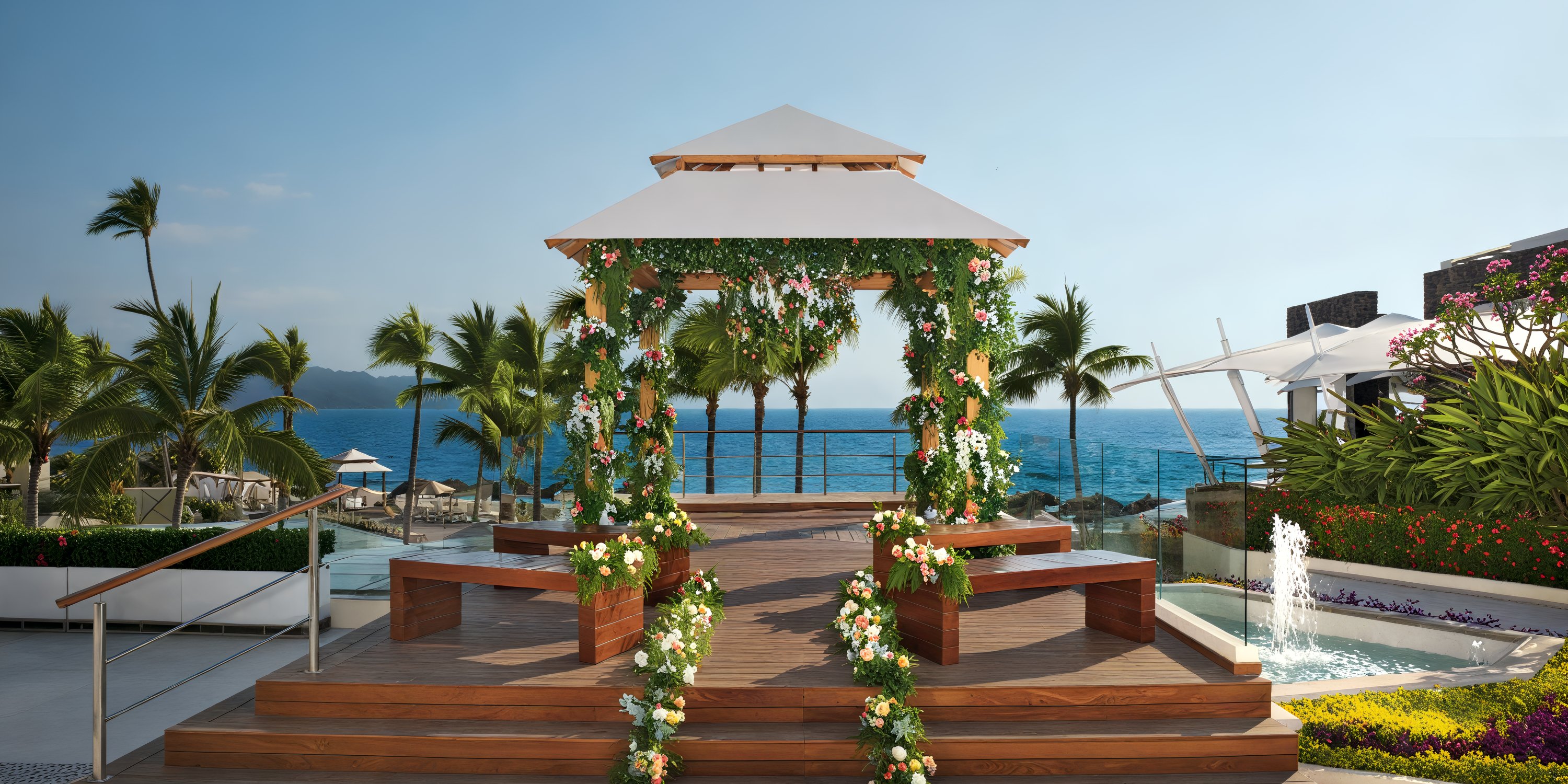 A wooden gazebo adorned with flowers overlooks a pool and the ocean, creating the perfect setting for a romantic destination wedding.