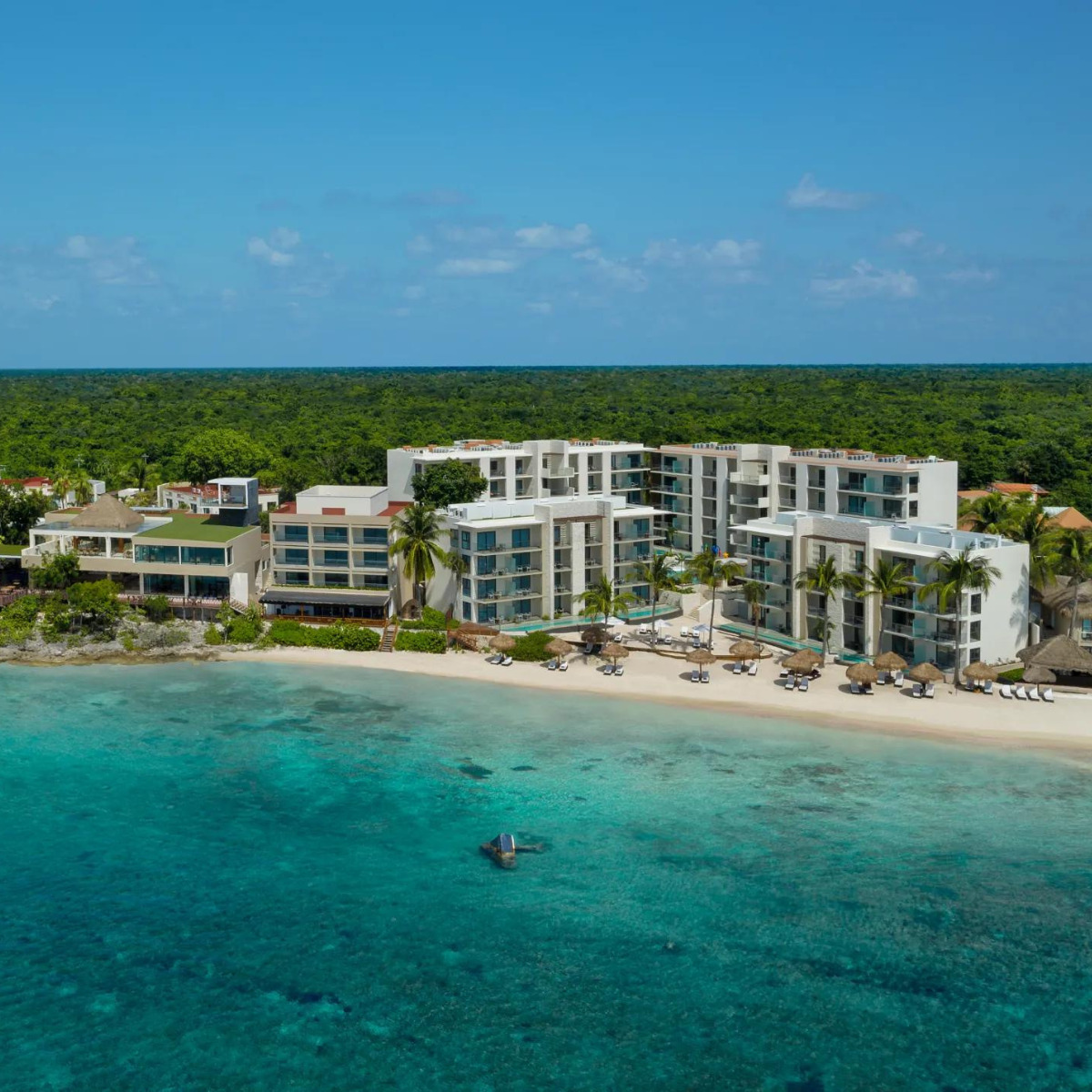 Aerial view of Dreams Cozumel Cape by a turquoise sea, surrounded by a dense tropical forest, perfect for destination weddings.