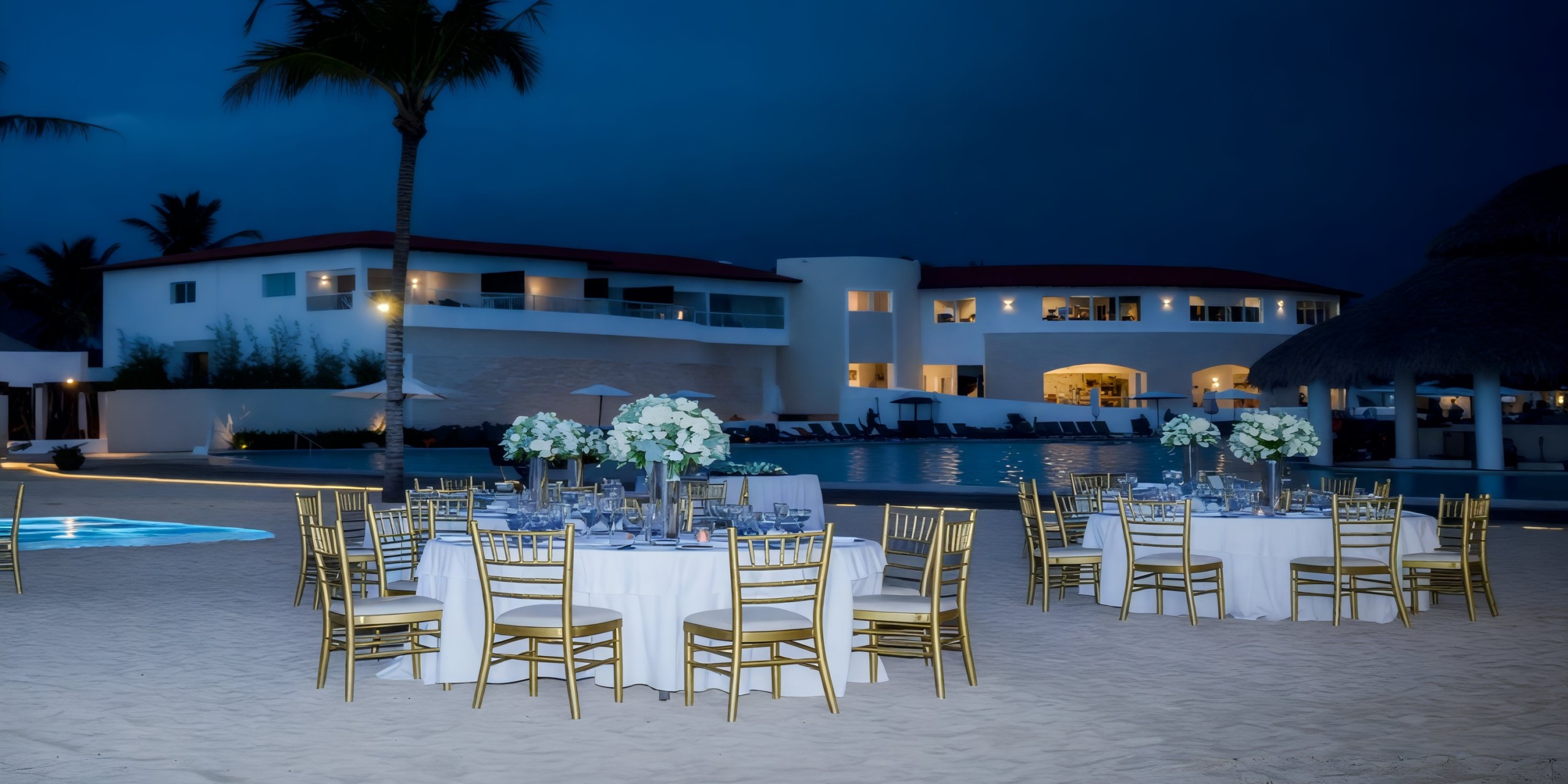 The setup for the Dreams Dominicus destination wedding features round tables and elegant gold chairs, beautifully arranged near a brightly lit building and picturesque pool.