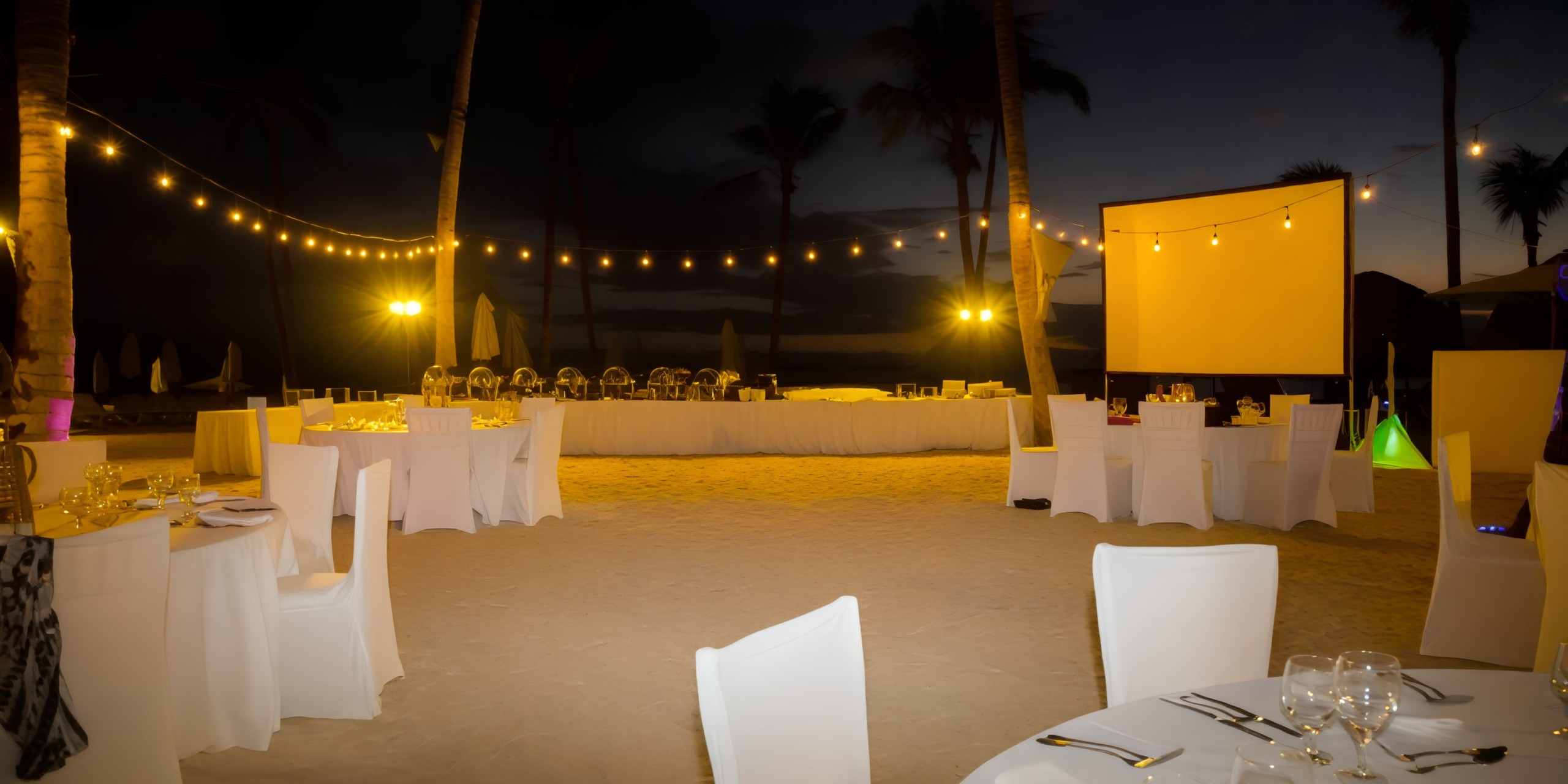 Create a stunning destination wedding setup at Dreams Dominicus by arranging tables and chairs on the beach, illuminated with enchanting string lights and complemented by a large screen to enhance the magical atmosphere.