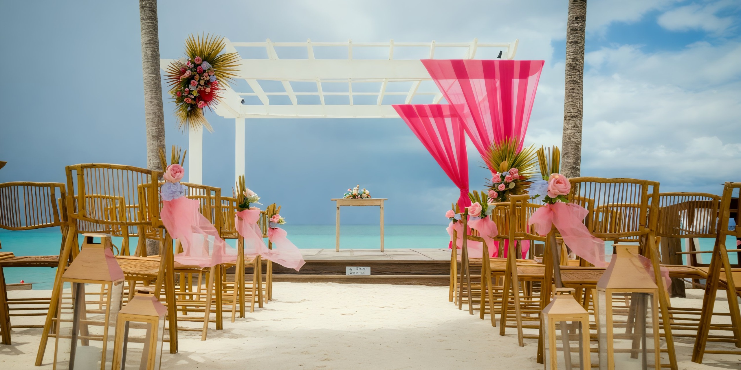 Dreams Dominicus offers a stunning destination wedding setup featuring a beachside ceremony under a white pergola adorned with pink drapes and beautifully decorated chairs.