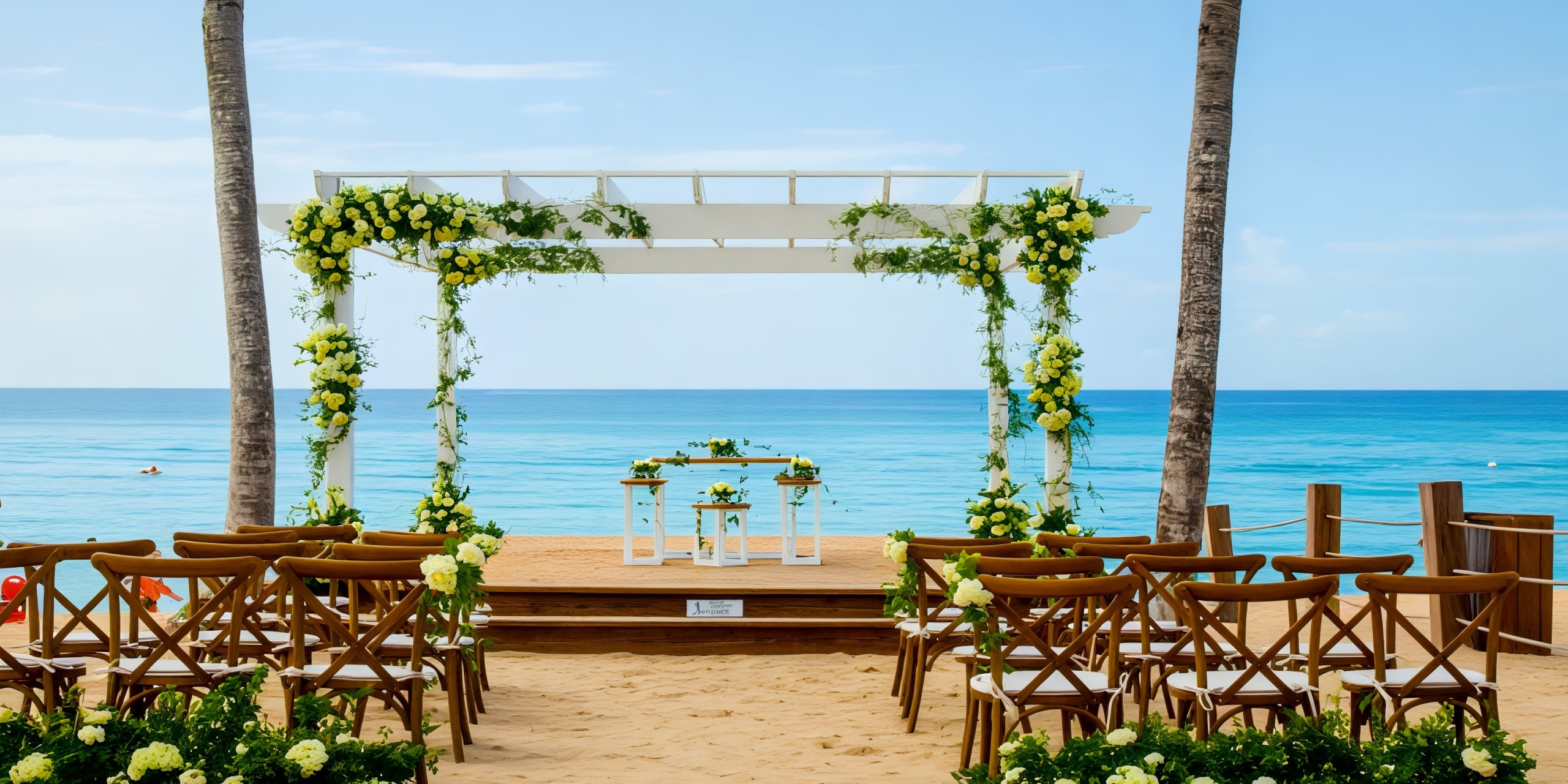Dreams Dominicus provides a breathtaking destination wedding setup on the beach, complete with chairs and a floral arch by the ocean.
