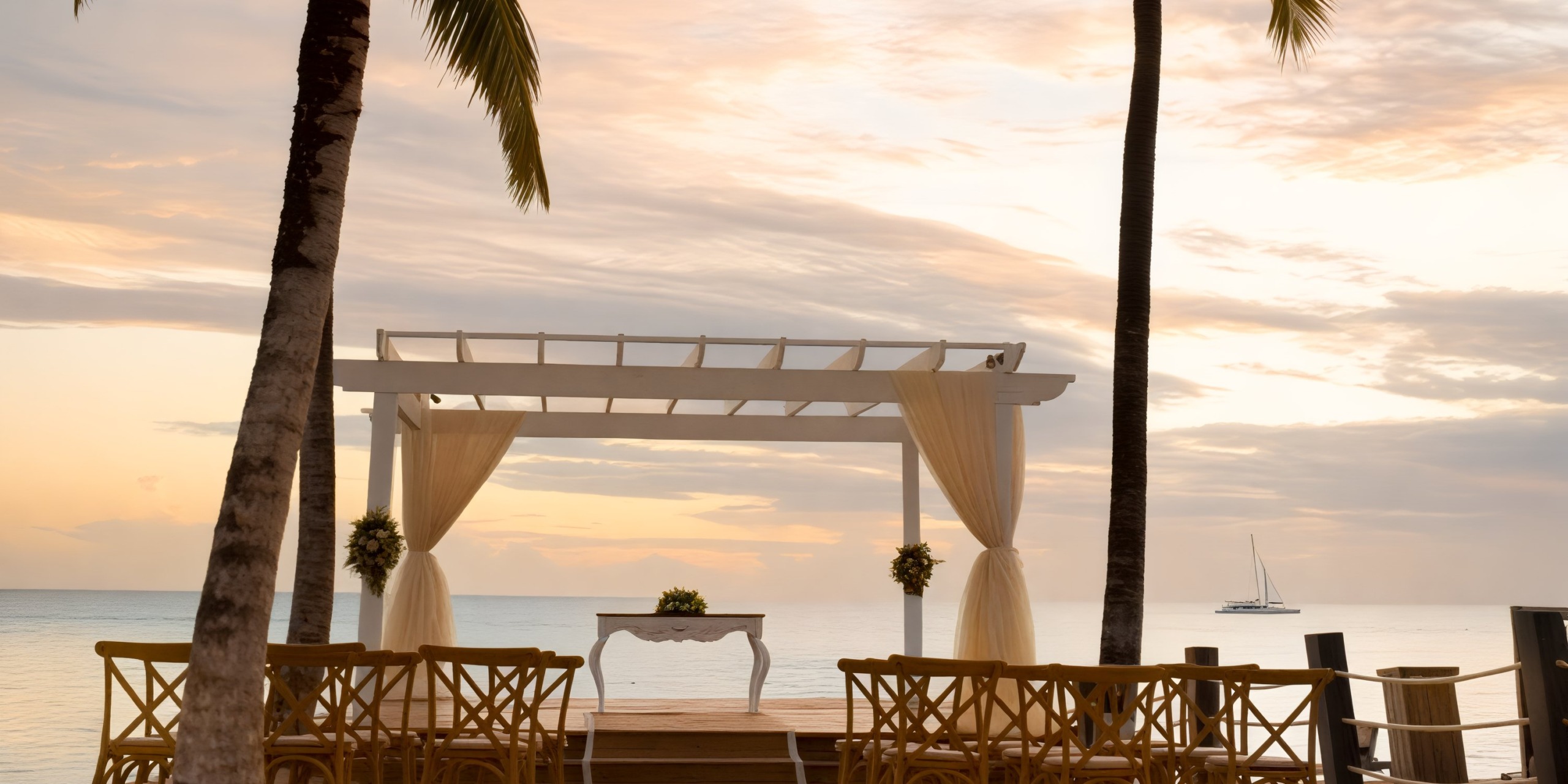 A destination wedding at Dreams Dominicus features a beautiful beachside altar with chairs and palm trees, all set against the breathtaking backdrop of a sunset.