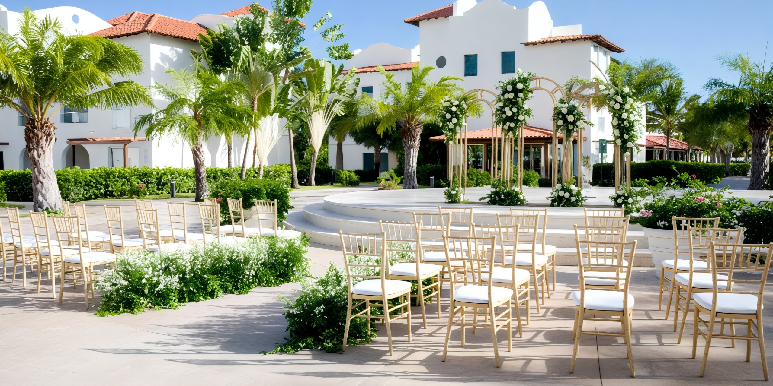 Dreams Dominicus offers a stunning venue for destination weddings, featuring elegant white chairs, picturesque palm trees, and beautiful floral decorations.