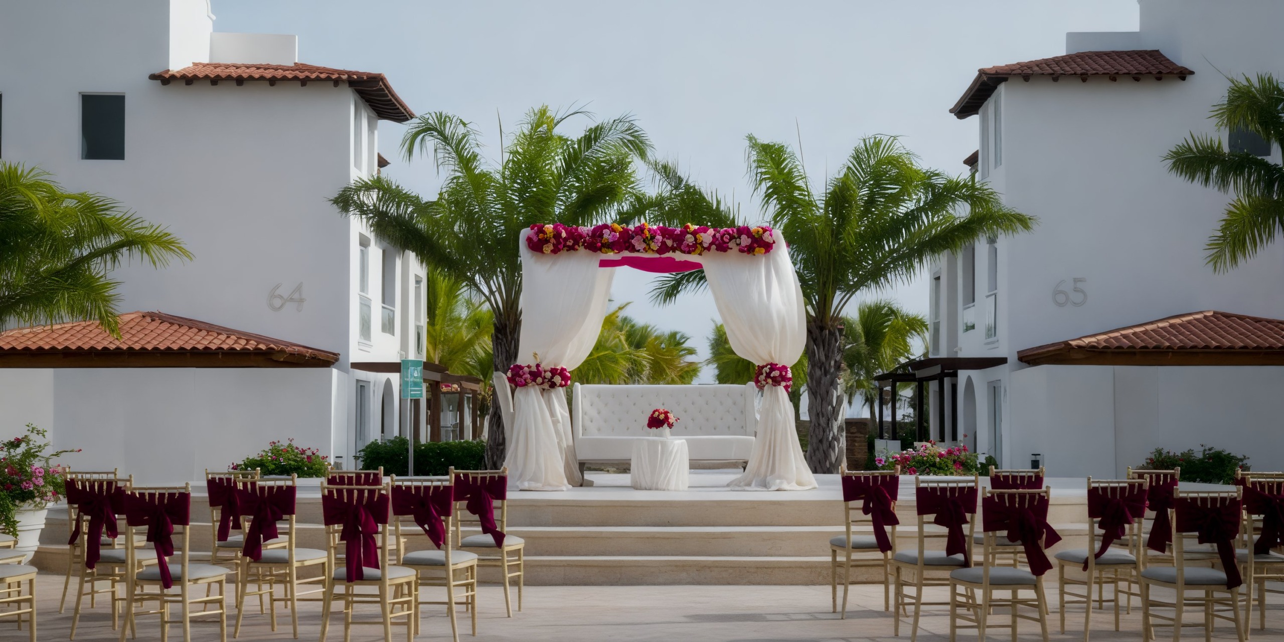 Dreams Dominicus offers an enchanting destination wedding setting, where guests are seated in front of a beautiful floral arch nestled under swaying palm trees.