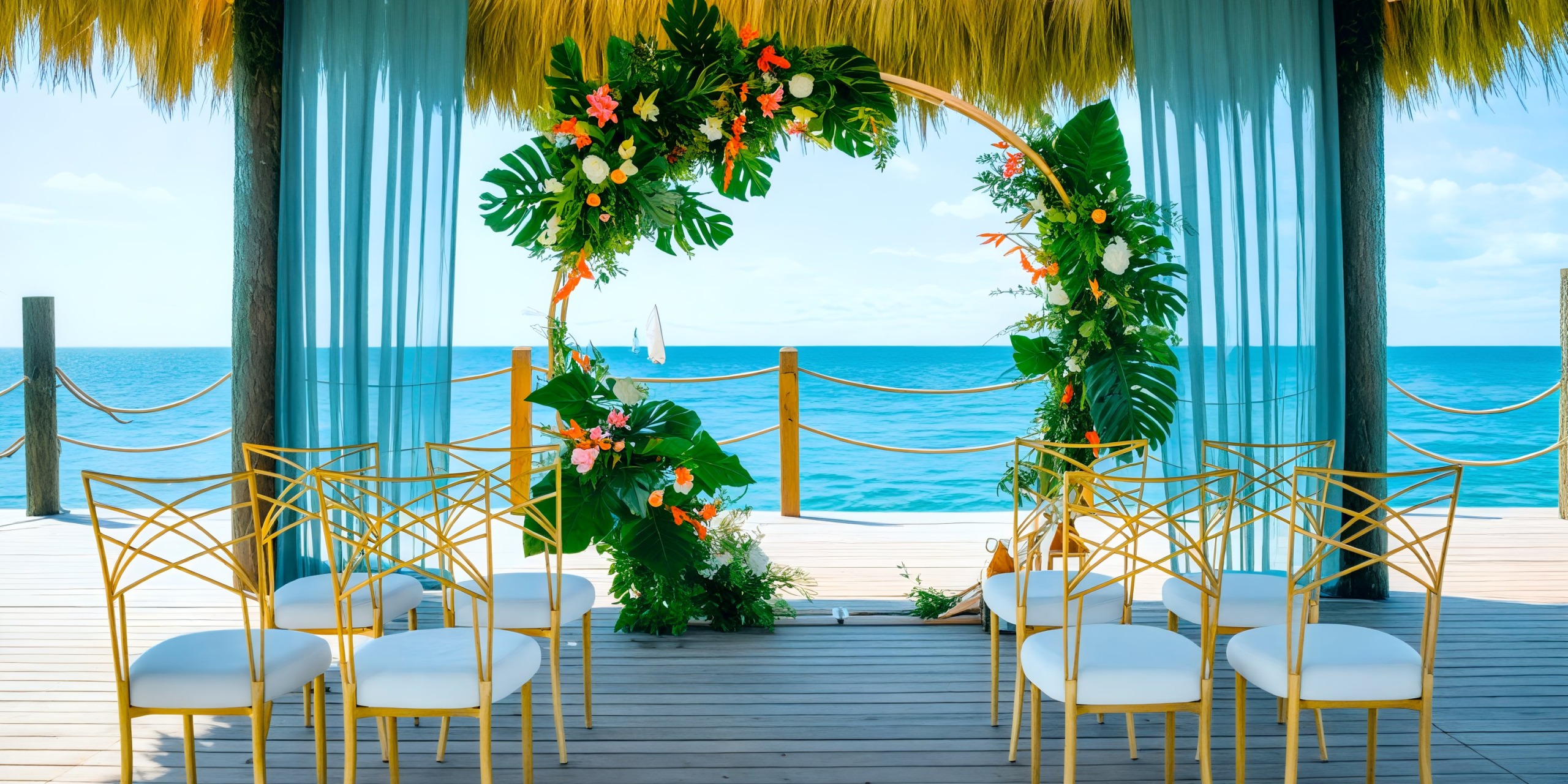 Experience a breathtaking destination wedding at Dreams Dominicus, featuring a stunning floral arch by the ocean and elegant seating arrangements under a charming thatched roof.