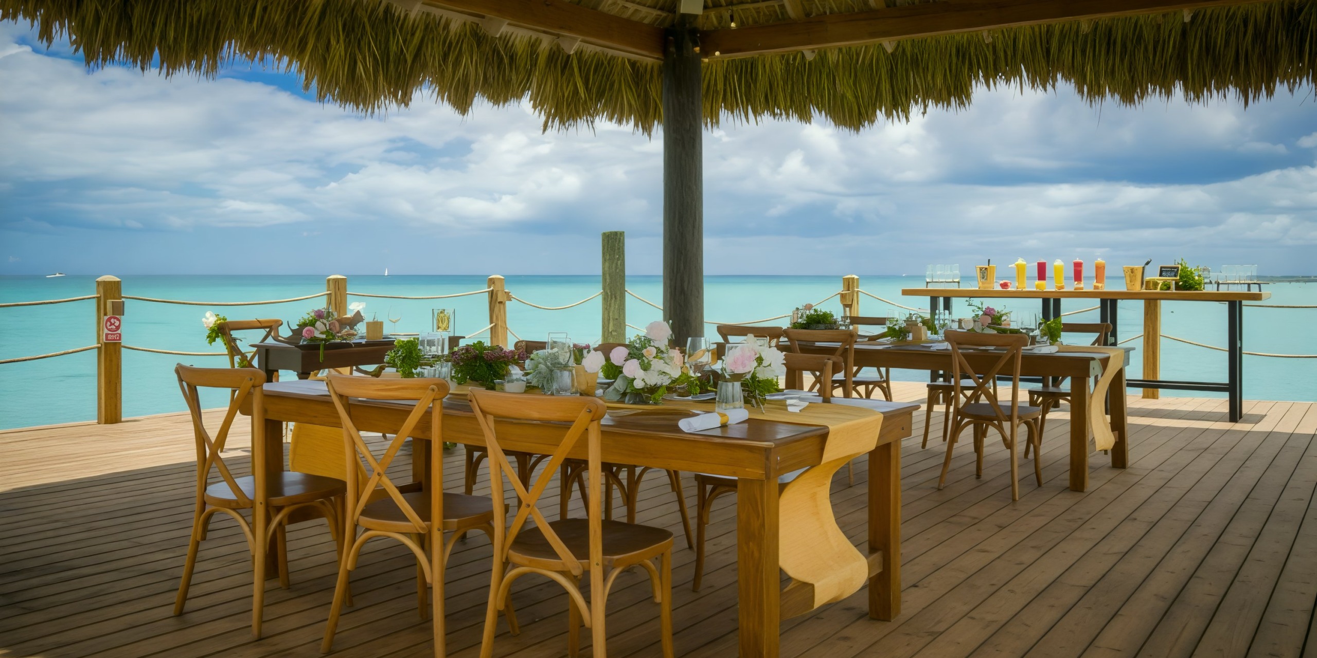 Dreams Dominicus offers a stunning seaside dining setup, perfect for a destination wedding, featuring thatched roofs and elegant wooden furniture.