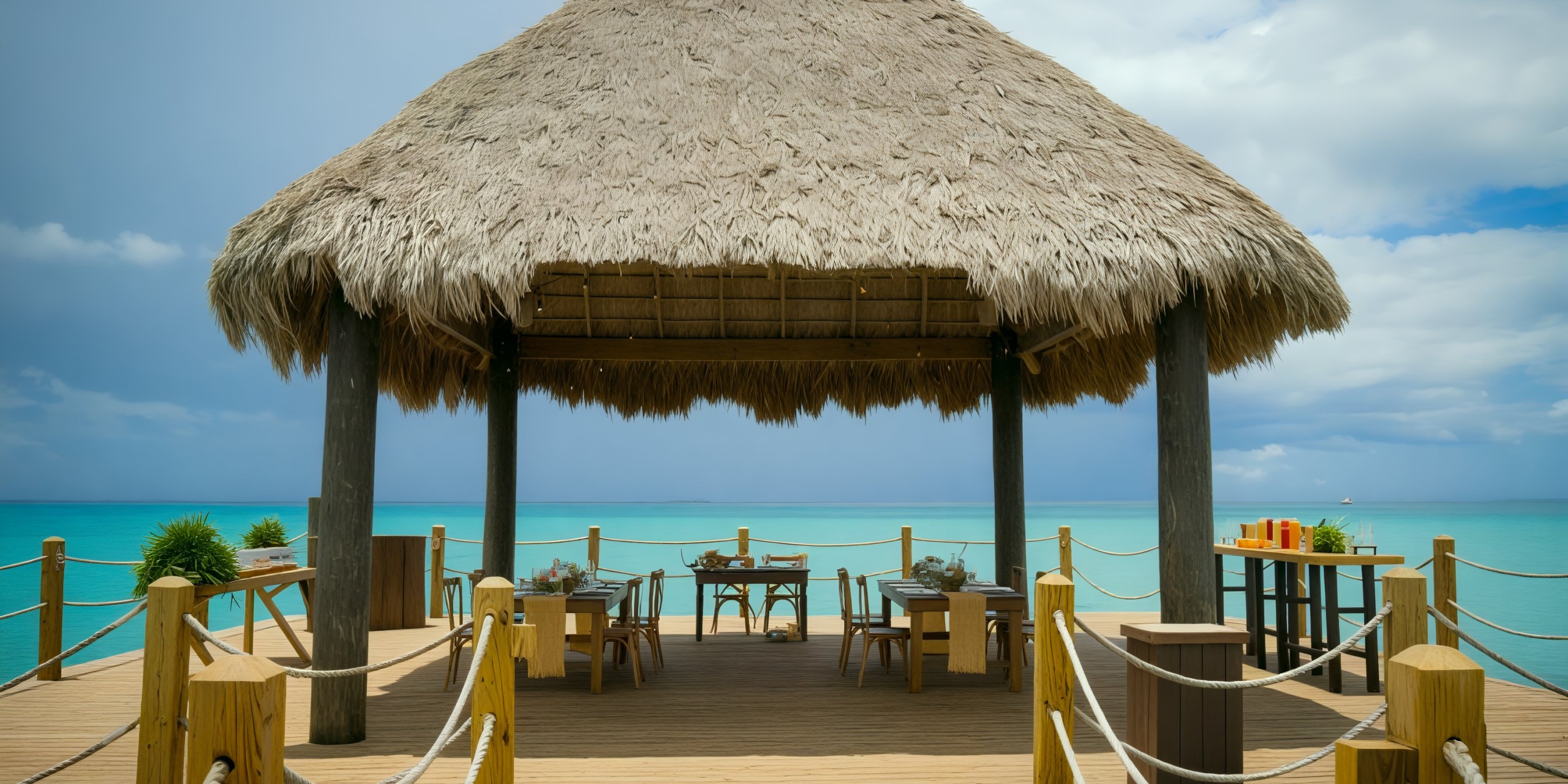 Dreams Dominicus: Picture a destination wedding in a thatched-roof gazebo overlooking turquoise waters, complete with tables on a wooden deck.