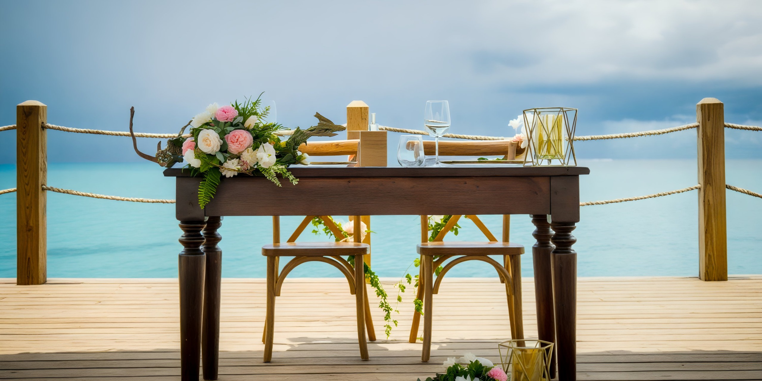 Dreams Dominicus: A picturesque seaside setting for a destination wedding, featuring a romantic table for two adorned with floral decor on a charming wooden deck.